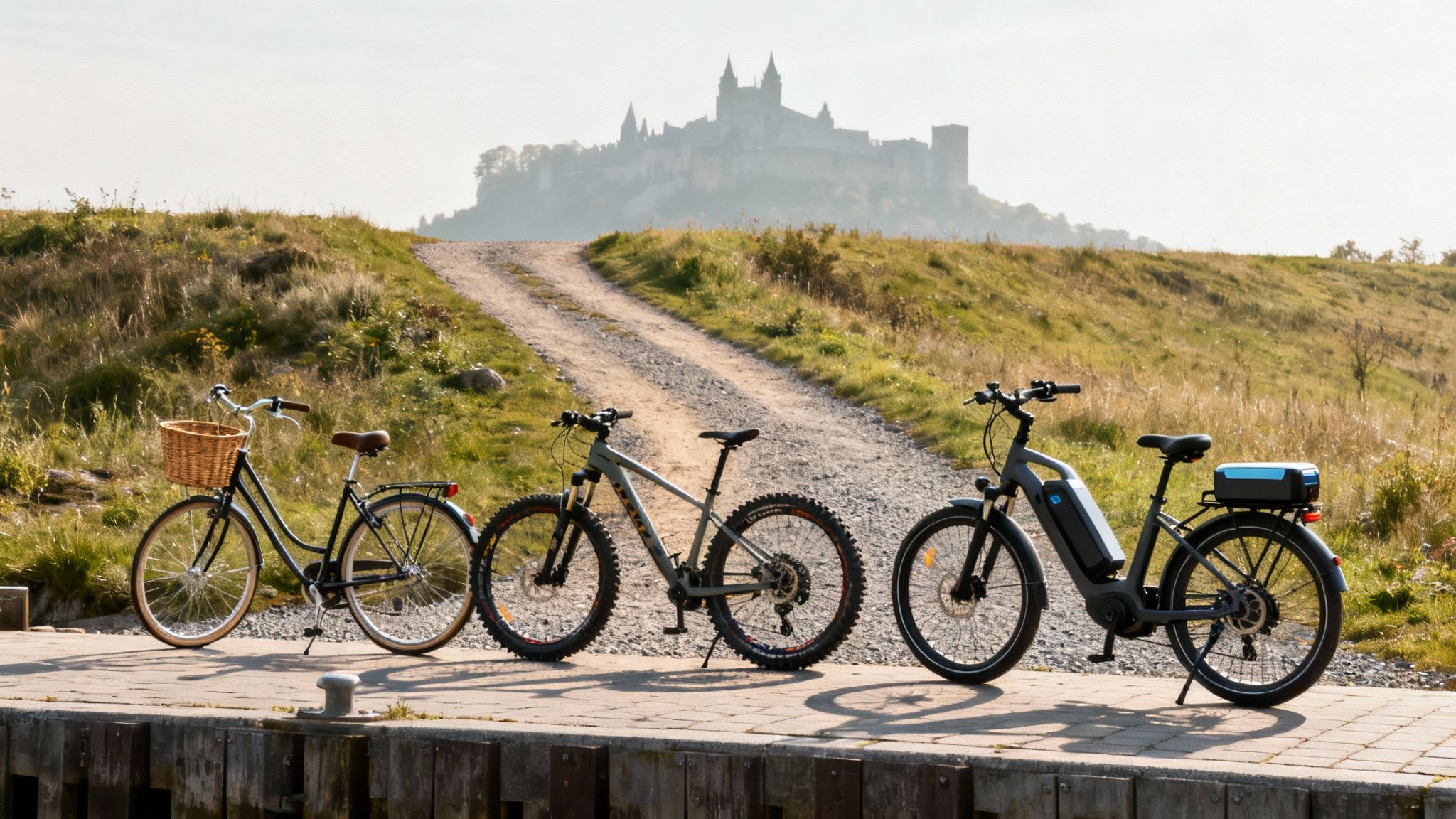 Four diverse bicycles, including city, mountain, and e-bikes, parked with a distant castle.