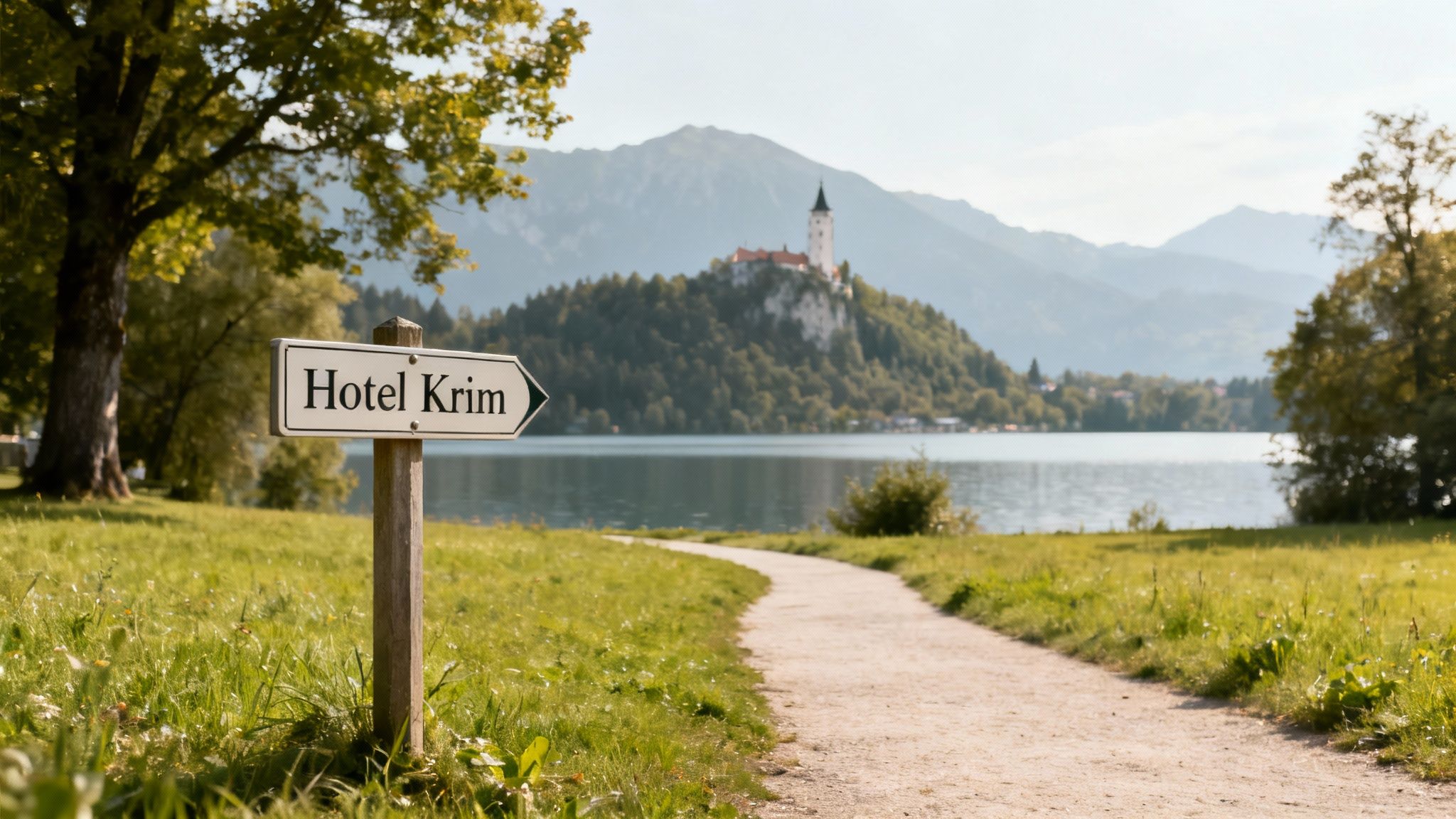 A directional sign 'Hotel Krim' points along a path towards a serene lake and island castle.