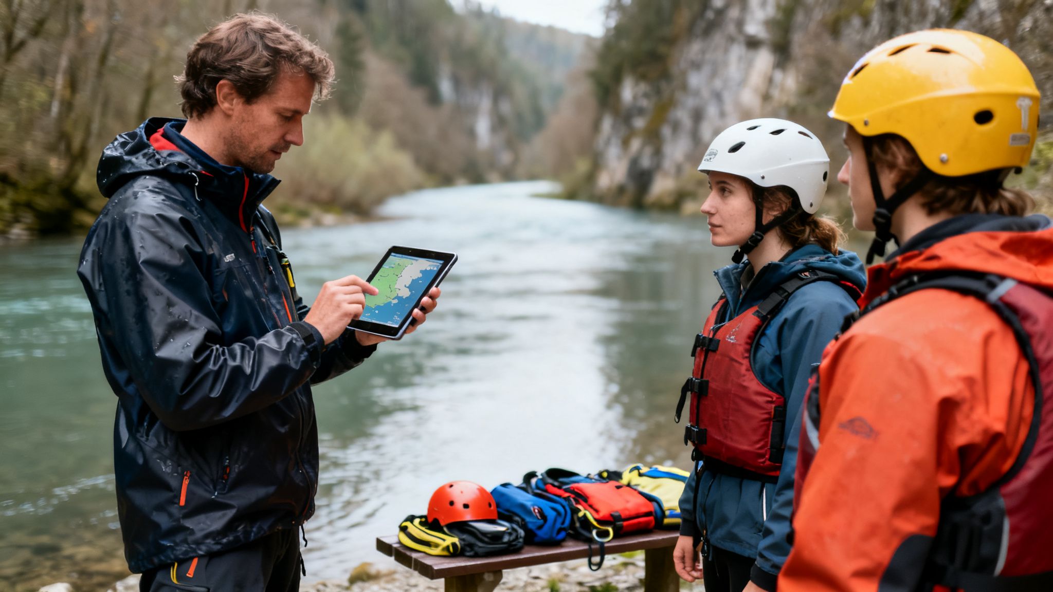 A guide uses a tablet with a map to explain a river route to two kayakers.