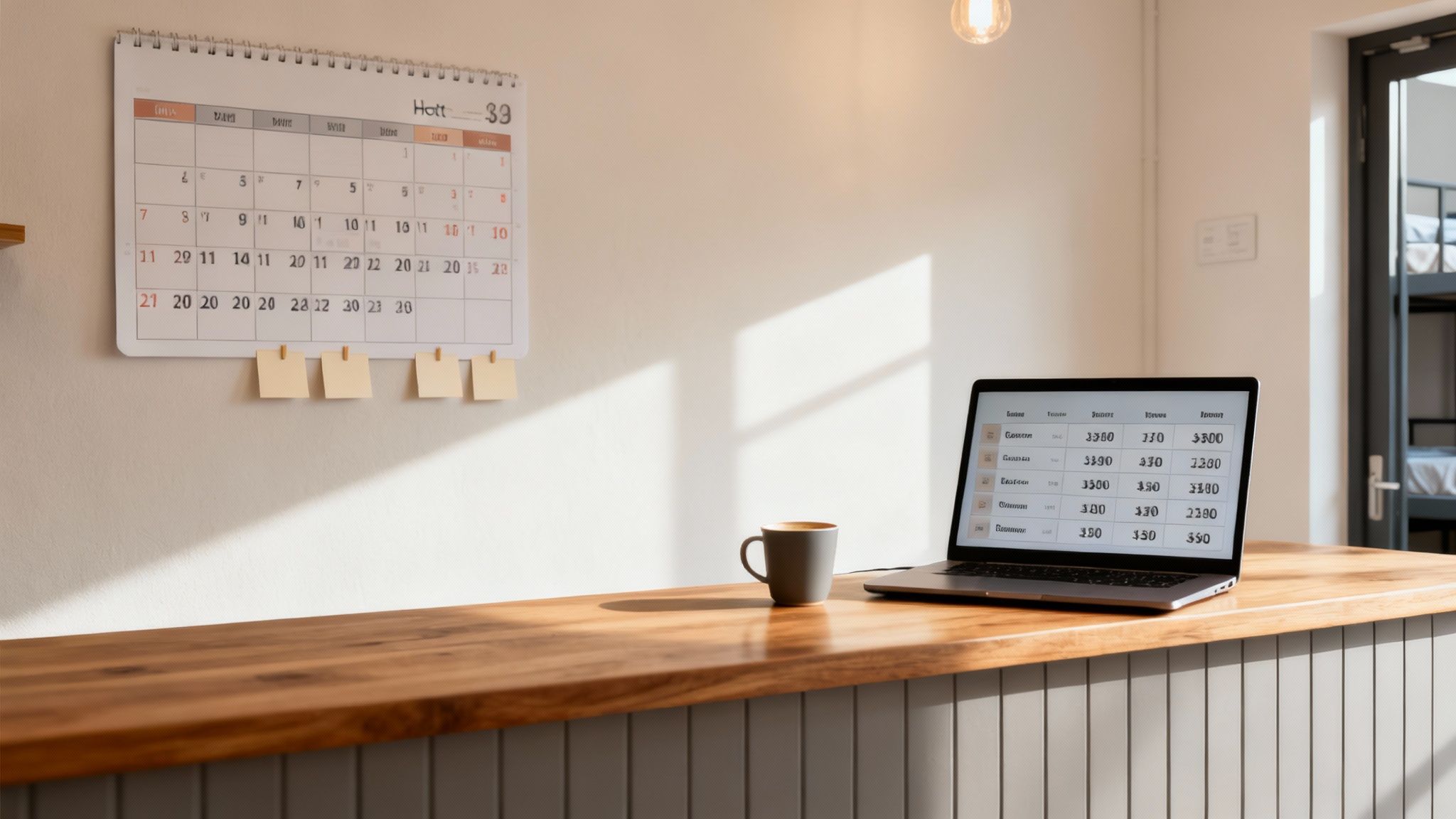 Modern hostel workspace with a laptop displaying data, a coffee cup, and a calendar on a wooden counter.