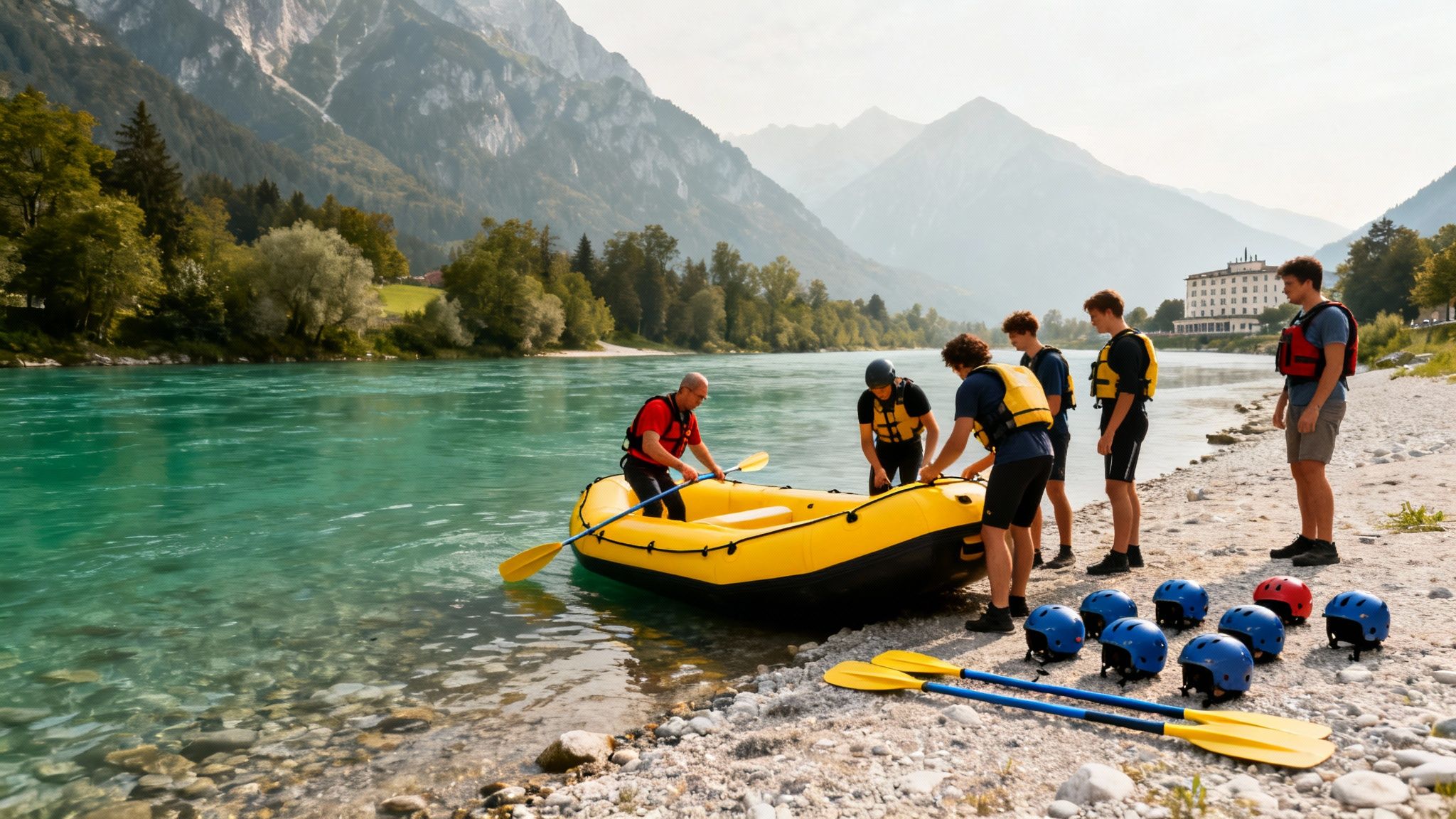 Rafting group preparing a yellow boat on a clear river with paddles and helmets on the shore.