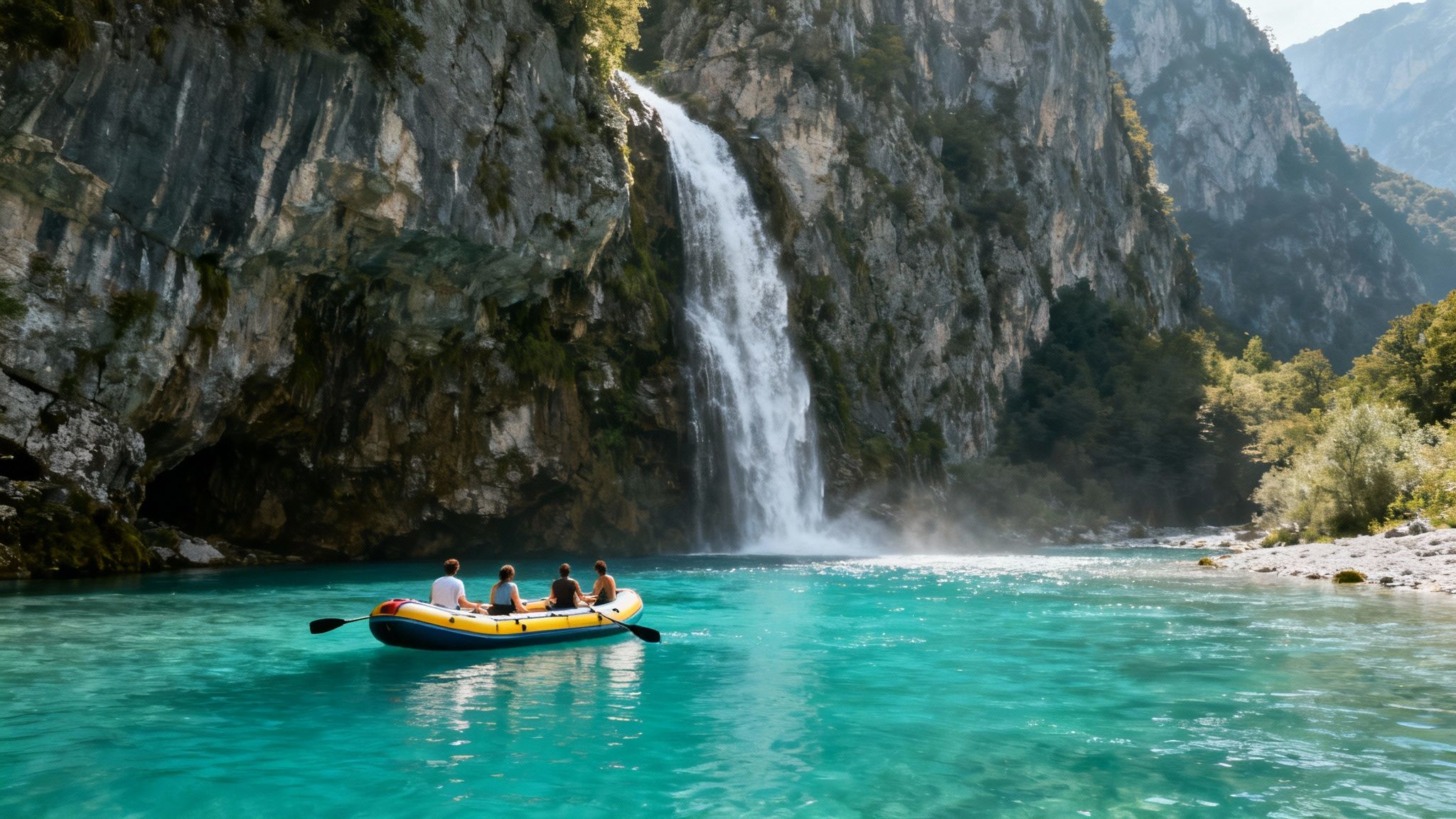 Rafting on a beautiful turquoise river towards a majestic waterfall surrounded by green mountains.
