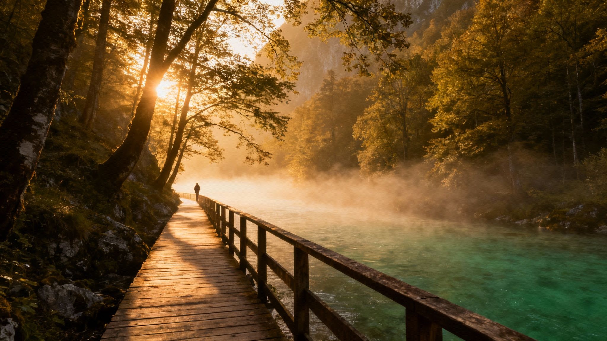A person walks on a sunlit wooden path beside a misty, turquoise river with autumn trees.