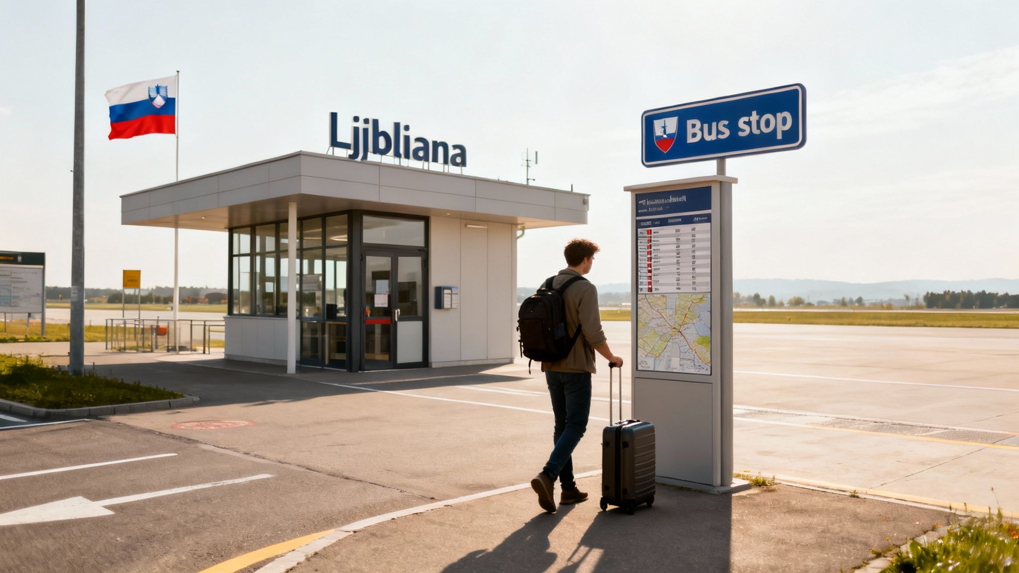 A traveler with a backpack and suitcase at a bus stop outside Ljubljana airport, viewing the schedule.