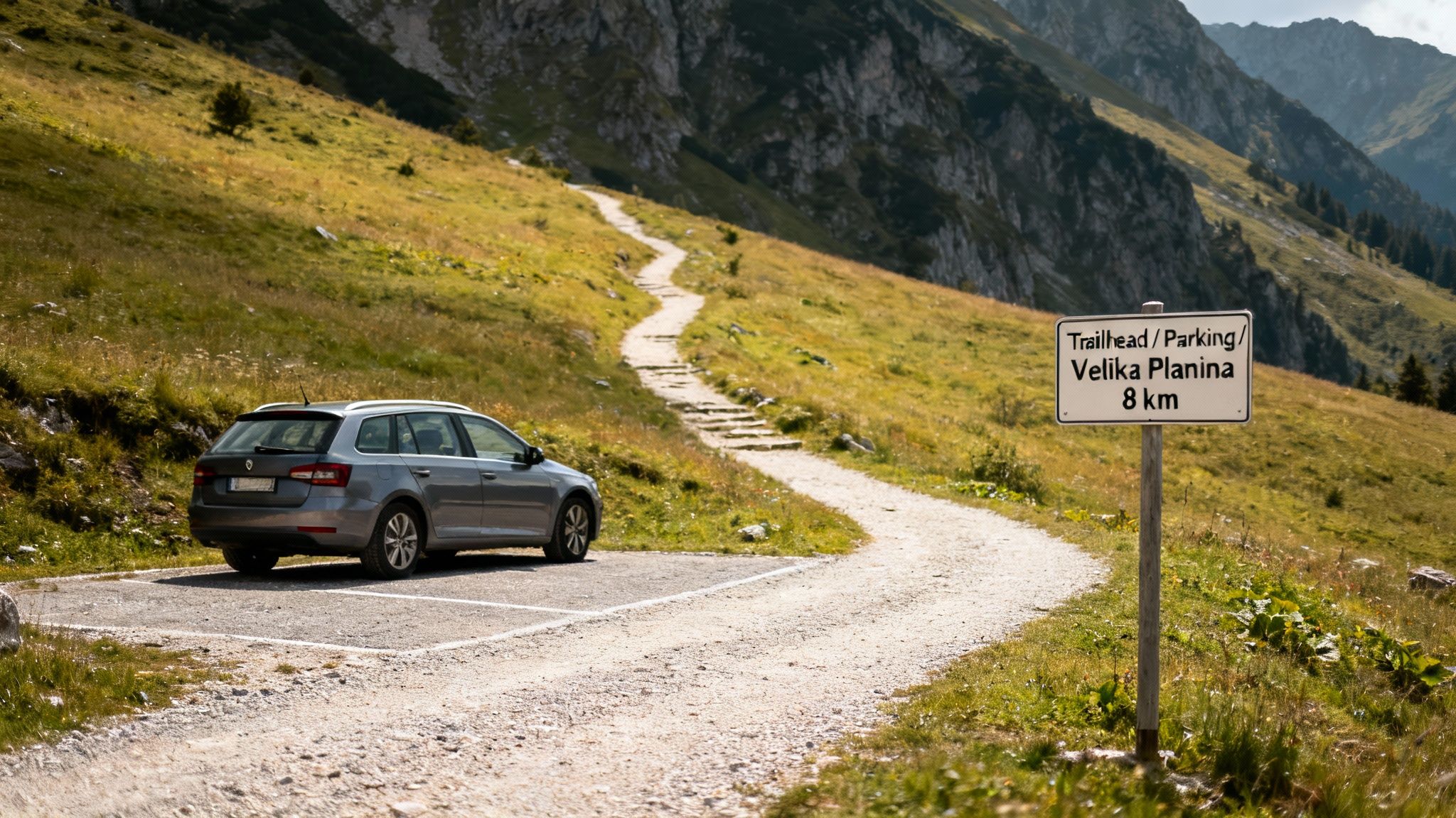 A grey station wagon parked at a trailhead for Velika Planina, with a winding path leading into mountains.