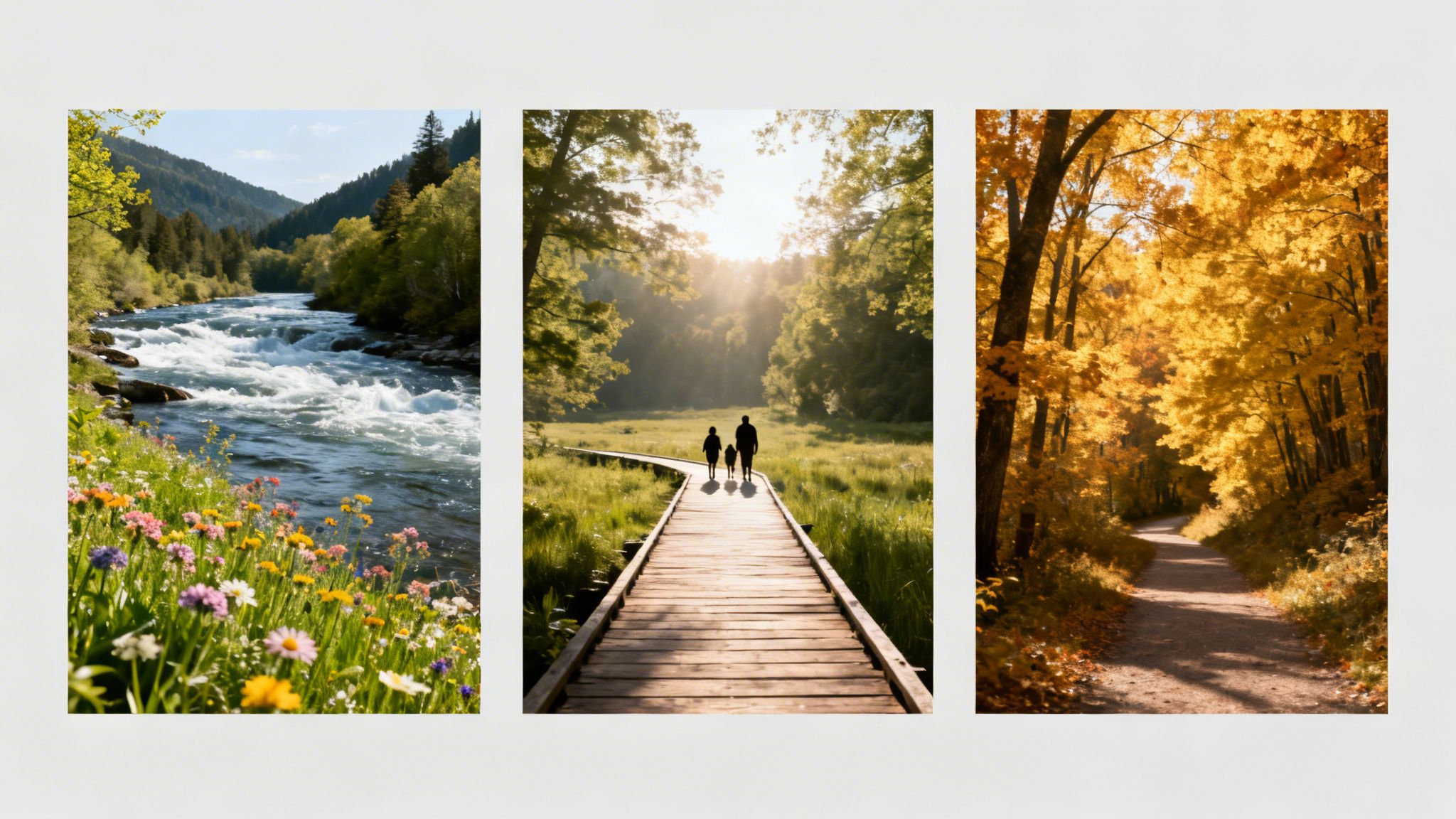 Three distinct natural landscapes: a river, a sunny boardwalk, and a vibrant autumn forest path.