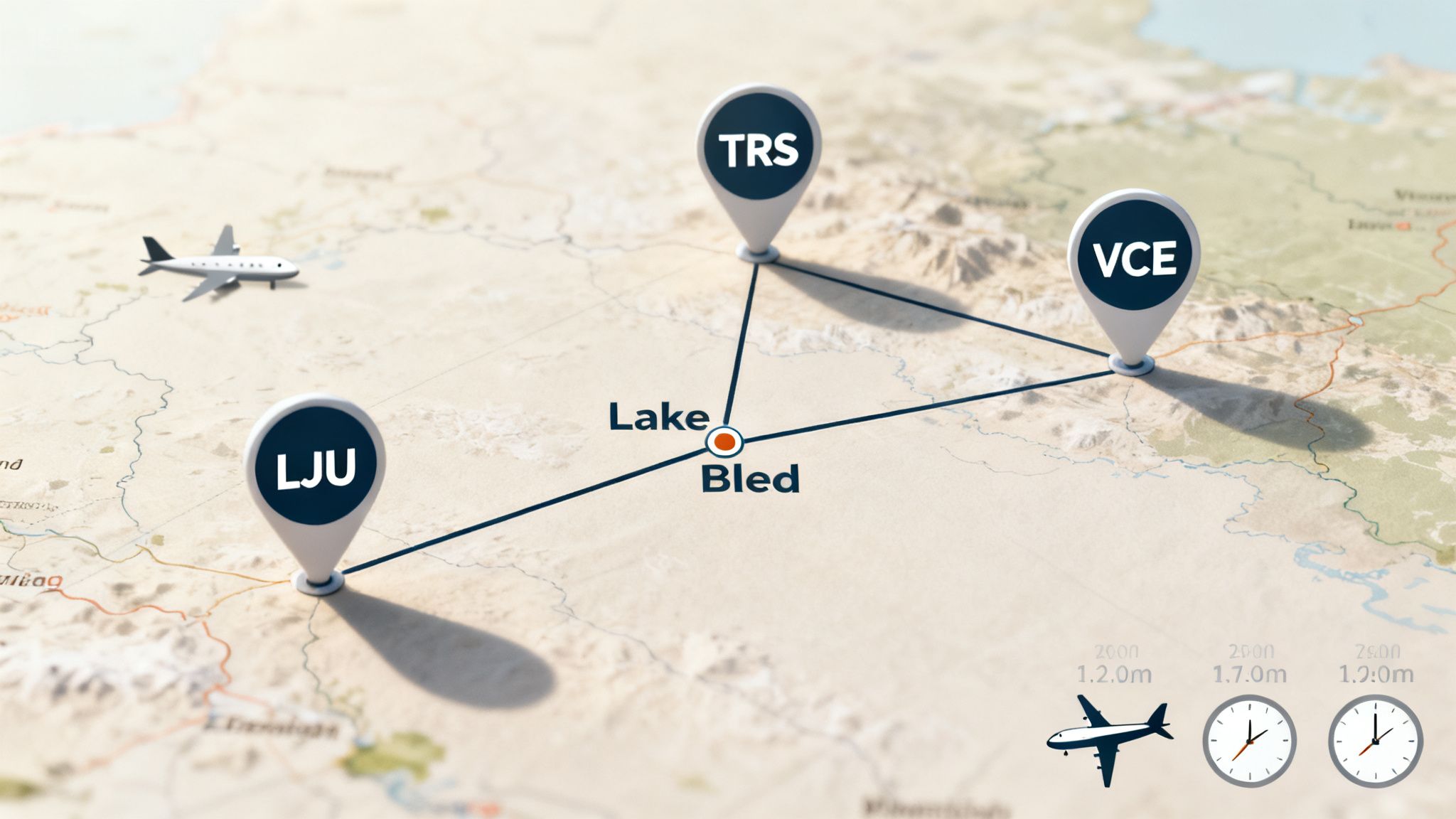 3D map showing airport transfer routes from LJU, TRS, VCE to Lake Bled with estimated times.