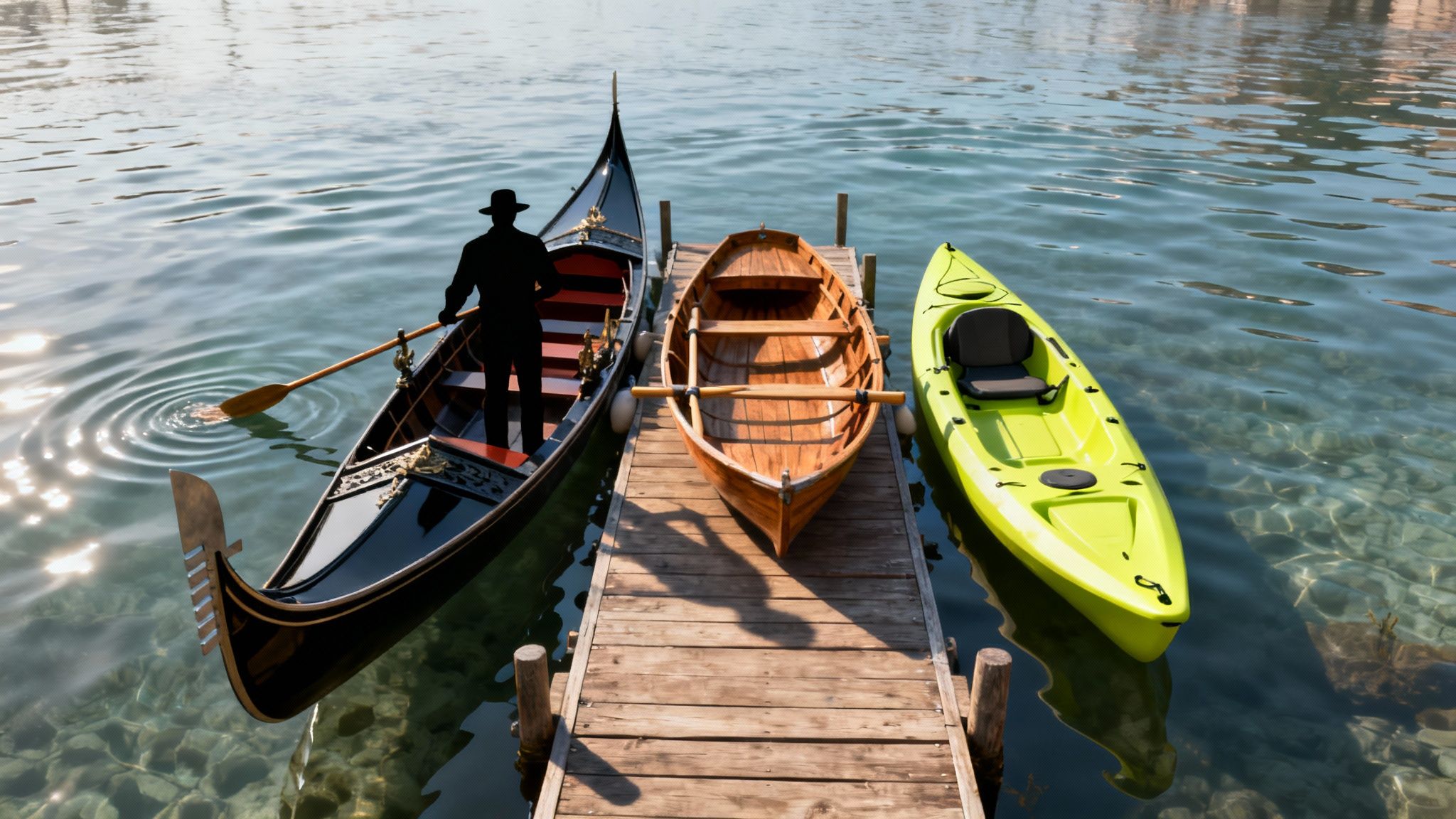 A gondola with a gondolier, a rowboat, and a kayak docked on a wooden pier.