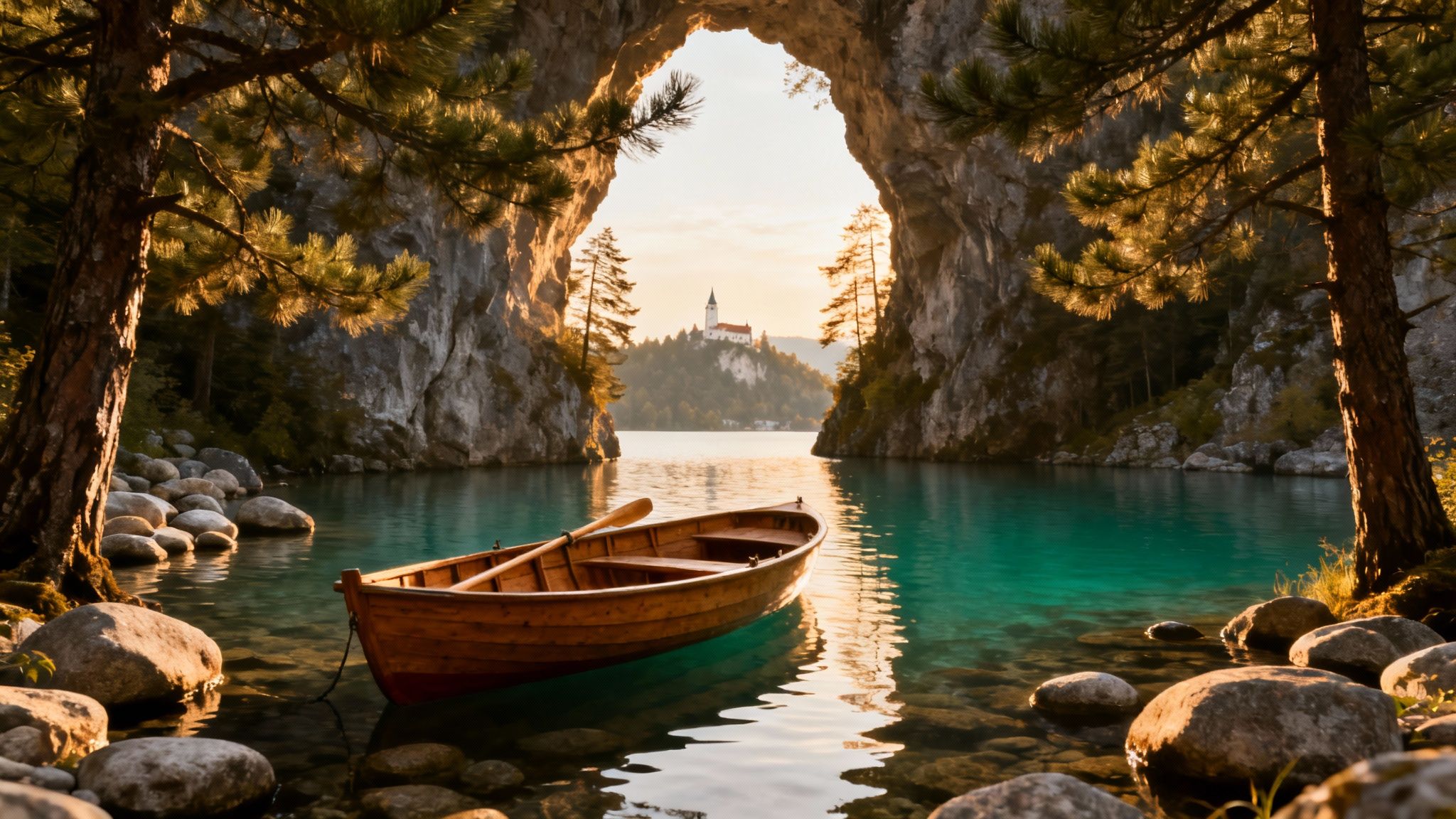 A wooden boat on a turquoise lake framed by trees and a rock arch, with a distant castle.