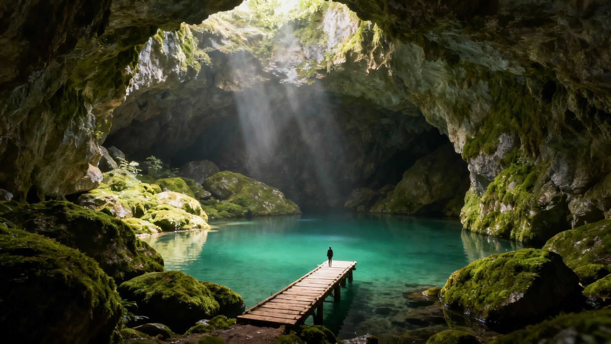 A lone figure stands on a pier in a mystical cave lake, illuminated by sunbeams.