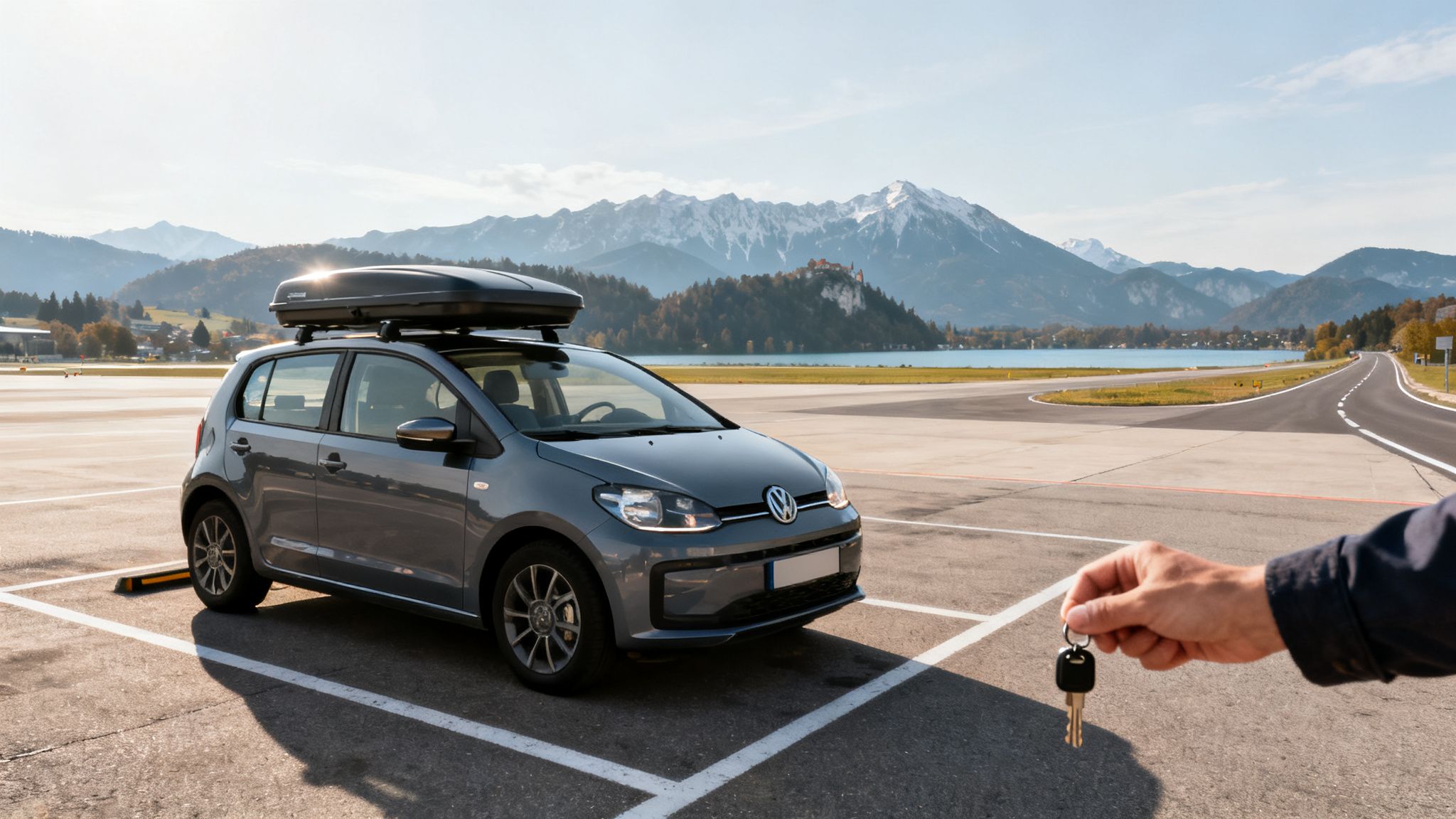Person holding car keys in front of a gray car with a roof box at an airport.