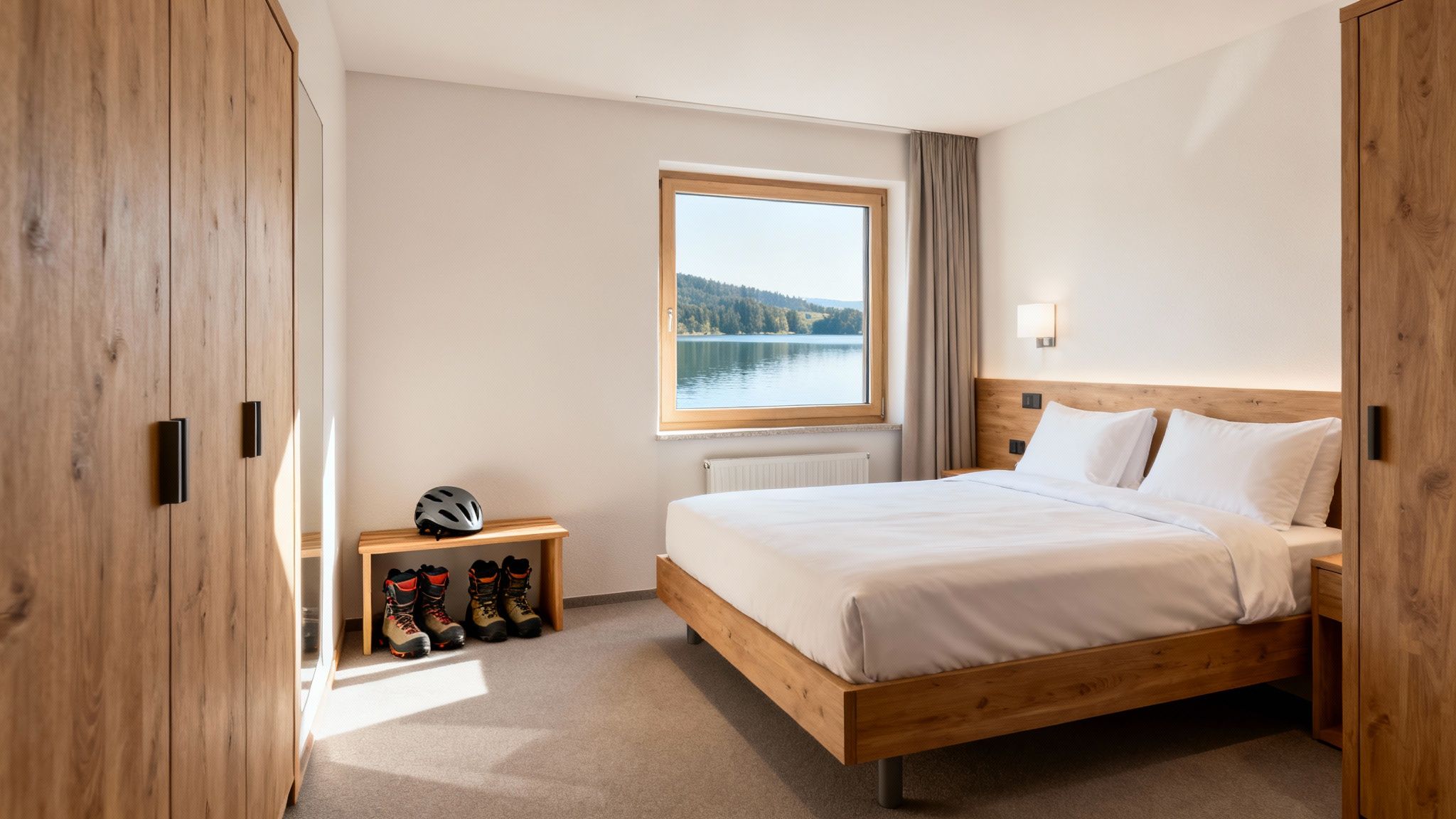Bright hotel room with wooden furniture, white bed, a view of a lake and forest.