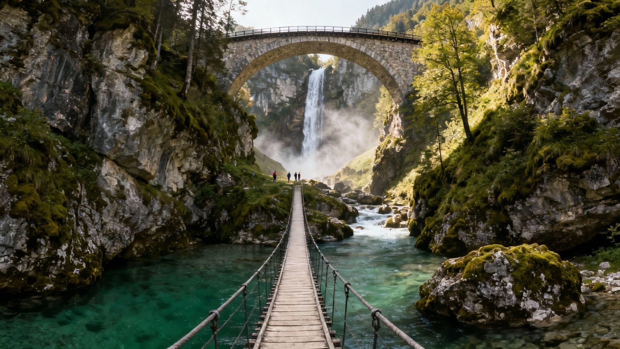A long wooden suspension bridge stretches over a turquoise river towards a powerful waterfall under a stone arch.