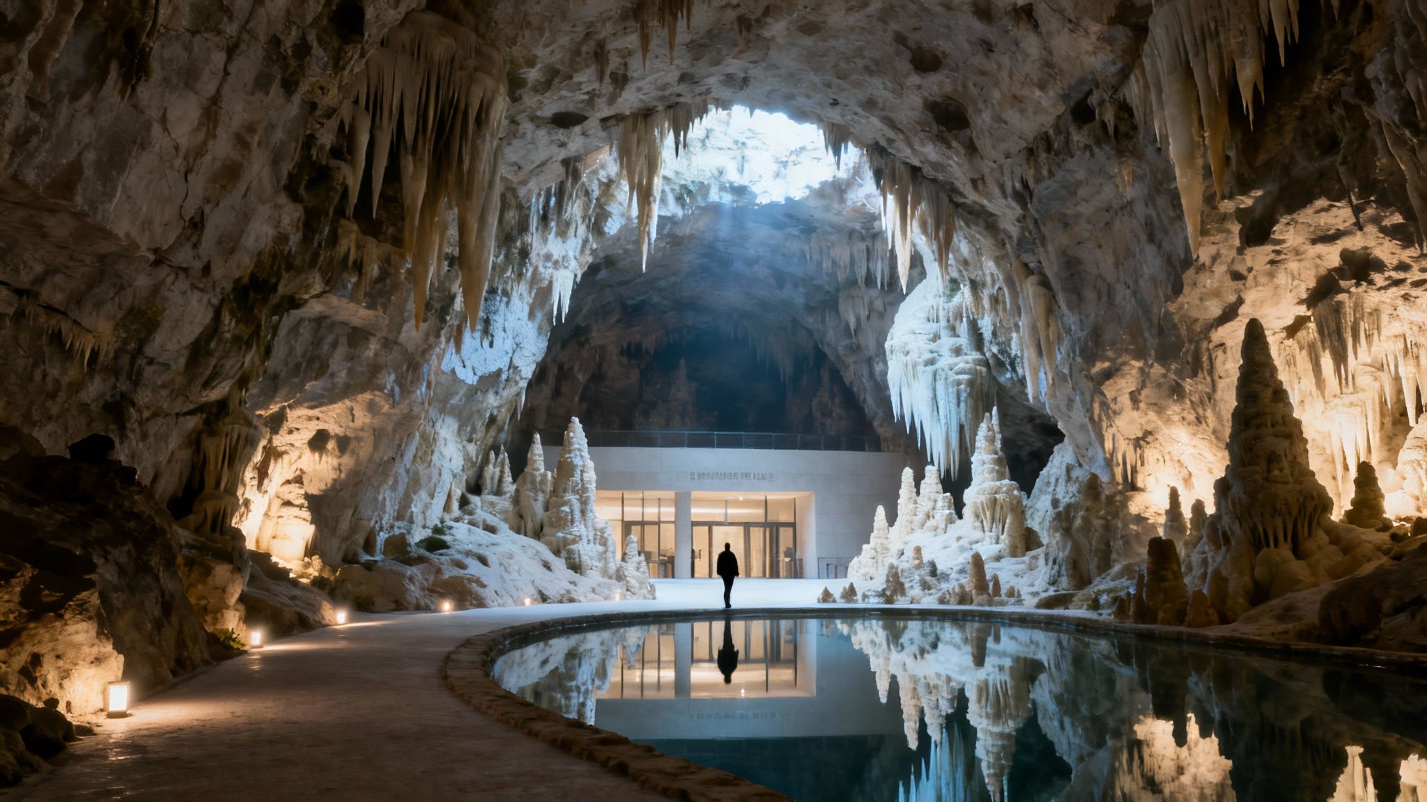 A person stands by a reflective pool inside a vast, well-lit cave adorned with numerous stalactites and stalagmites.