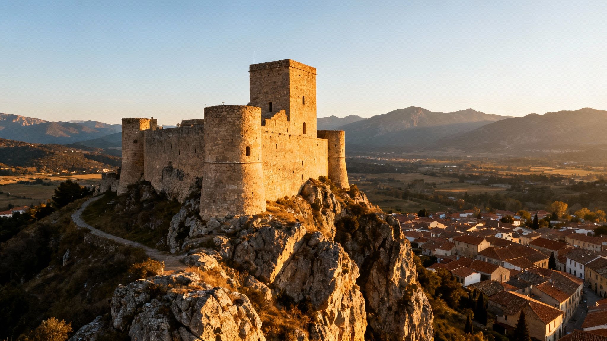 A majestic stone castle on a rugged hilltop, illuminated by golden hour light, overlooking a quaint village and distant mountains.