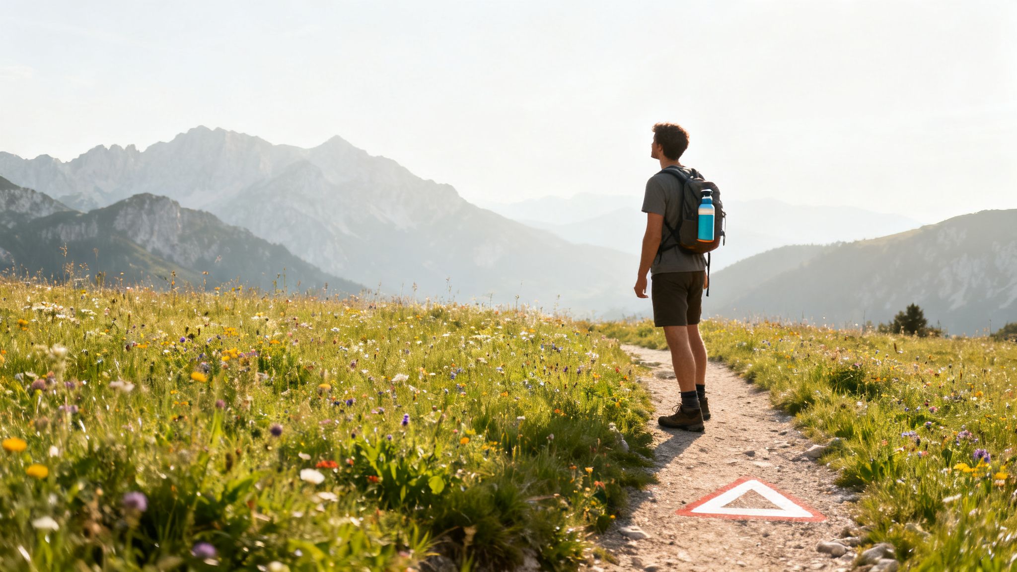 A hiker with a backpack stands on a mountain trail, looking at the scenic mountains and wildflower fields.