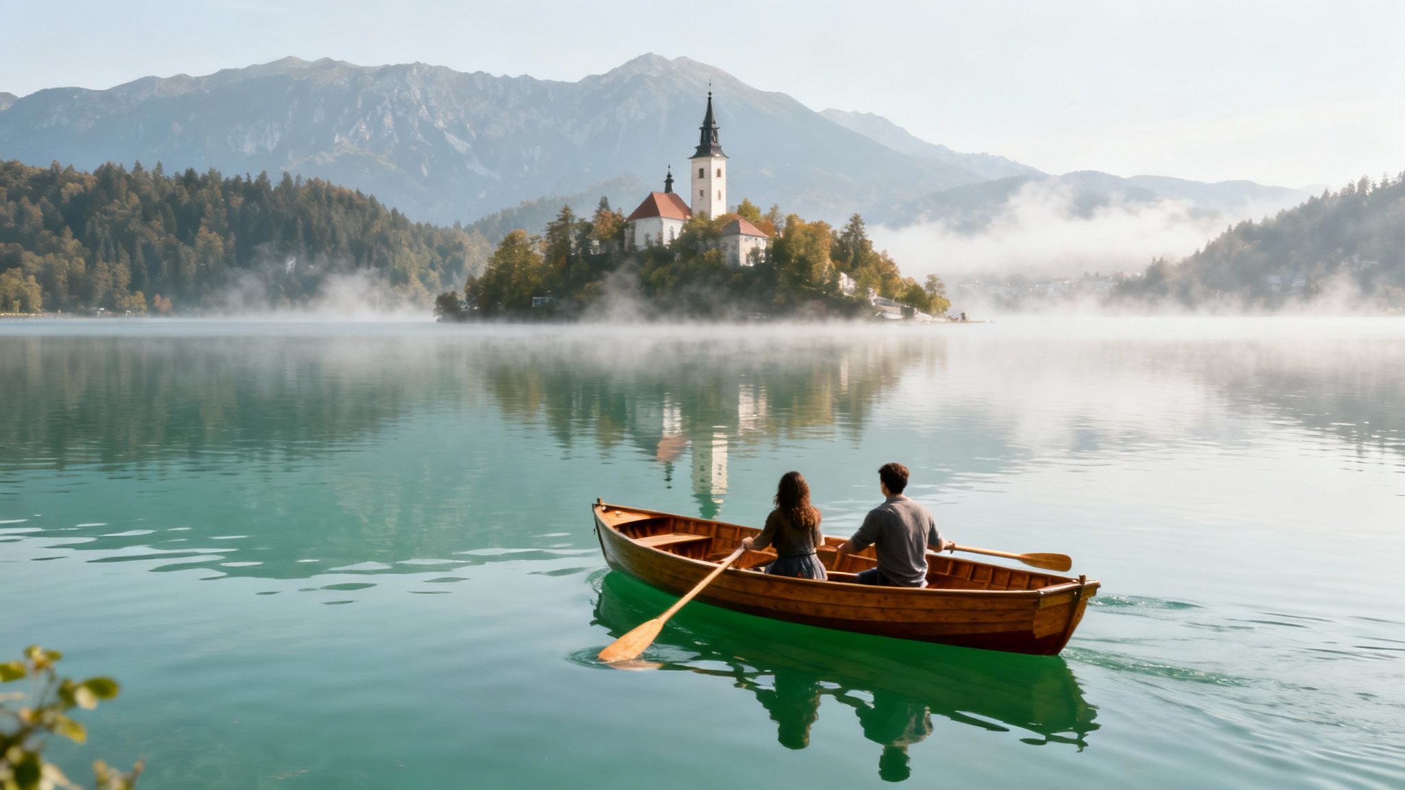 A couple rows a wooden boat on a misty turquoise lake towards a picturesque church on an island.