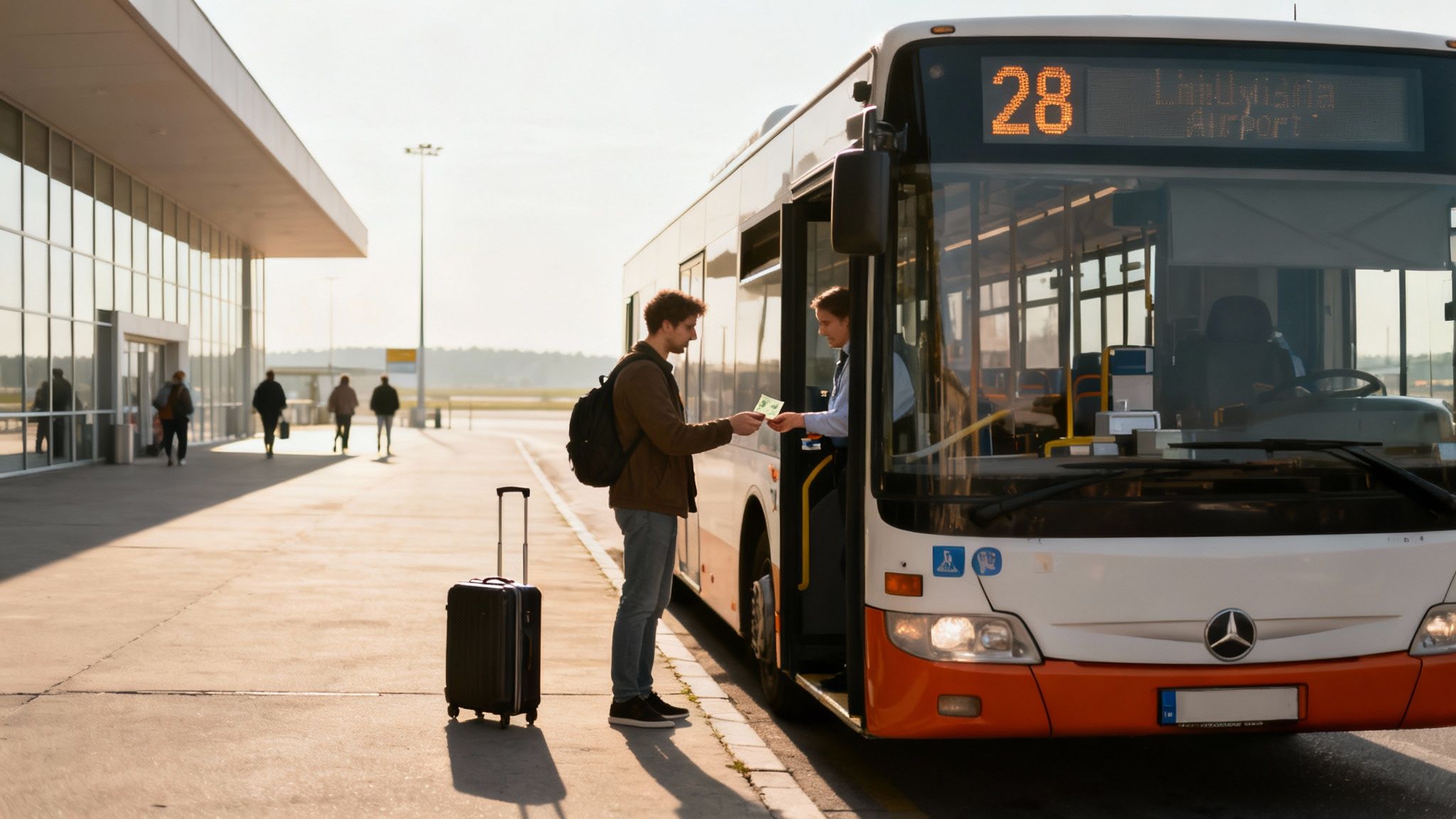 A man with a backpack pays the bus driver for a ticket to Ljubljana Airport.