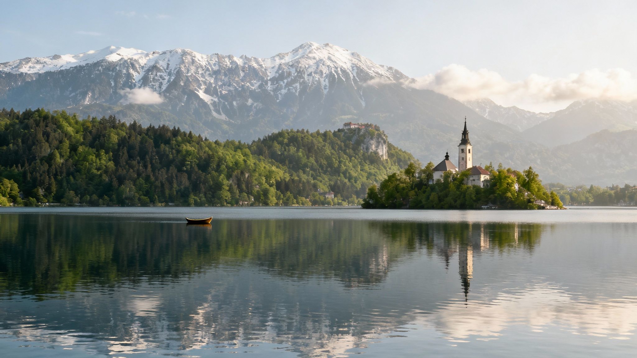 Lake Bled at sunrise, featuring the island church, Bled Castle, a boat, and snowy mountains.