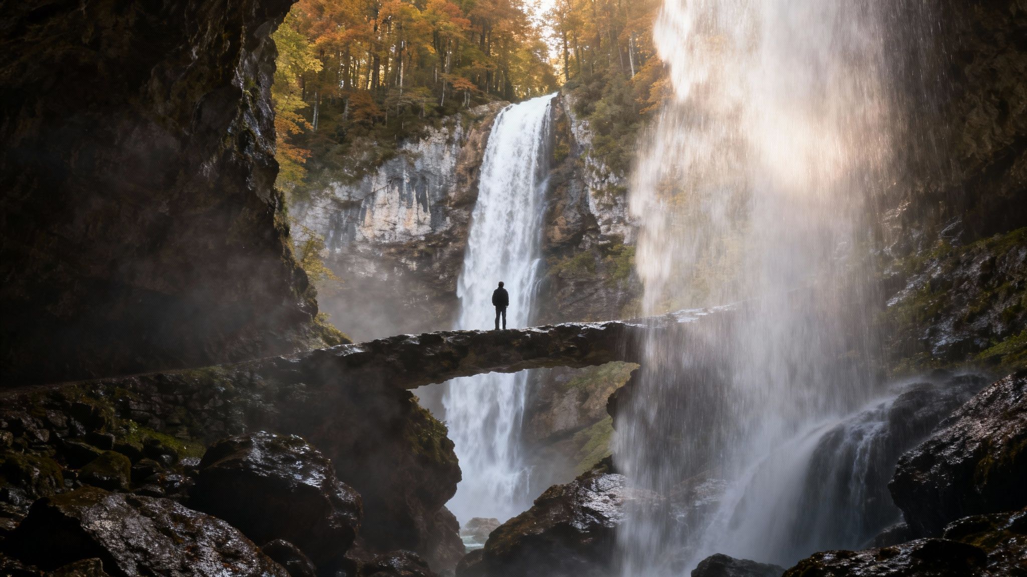 A person stands on a natural rock bridge, admiring a majestic waterfall surrounded by autumn trees.
