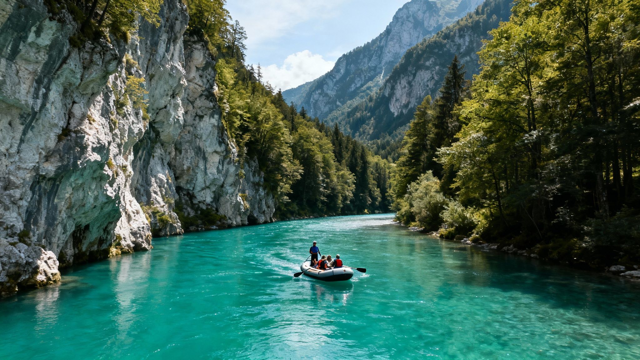 People raft on a stunning turquoise river winding through a deep green mountain canyon.