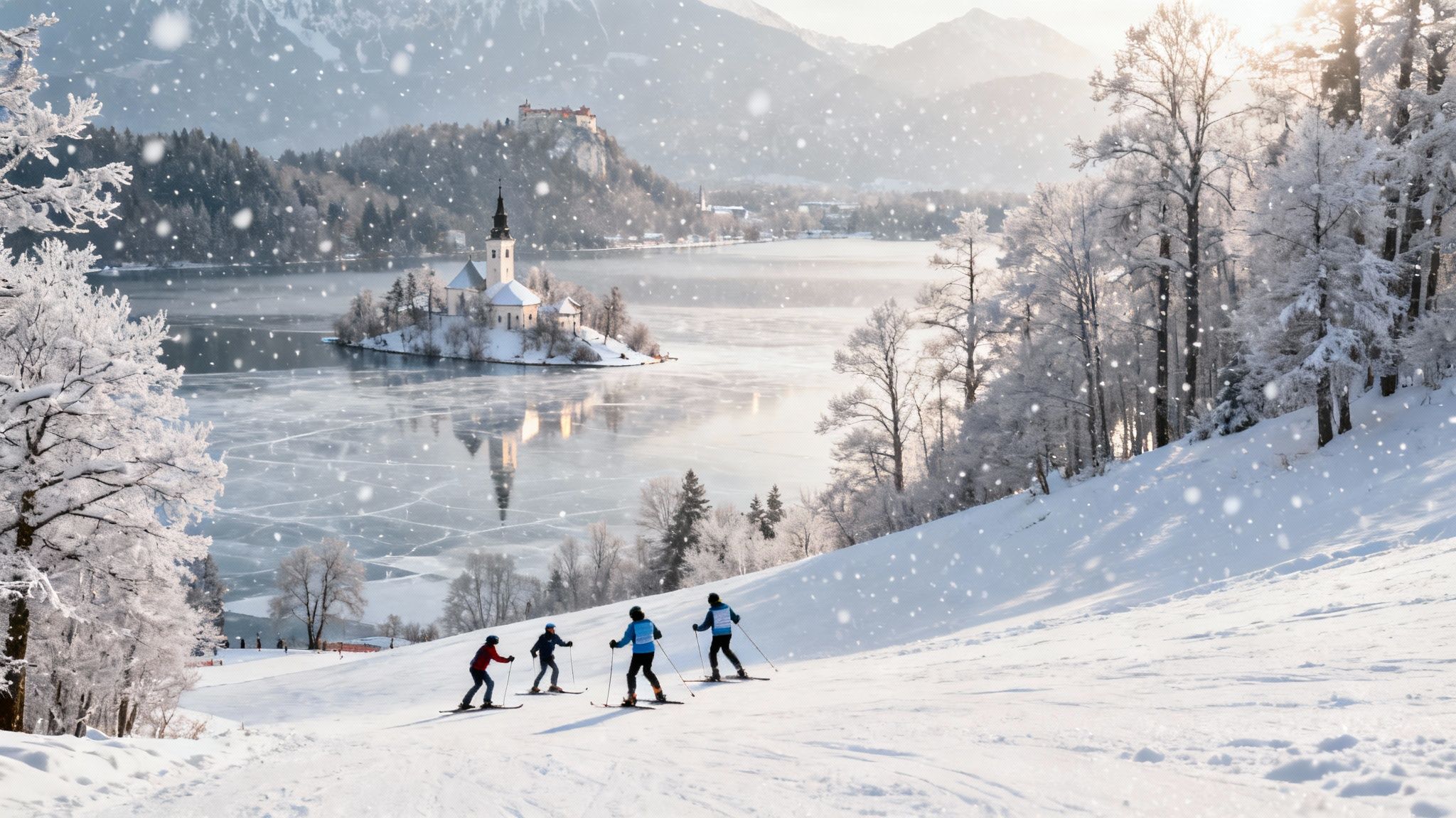 Winter wonderland at Lake Bled with skiers, frozen lake, island church, and snowy trees.