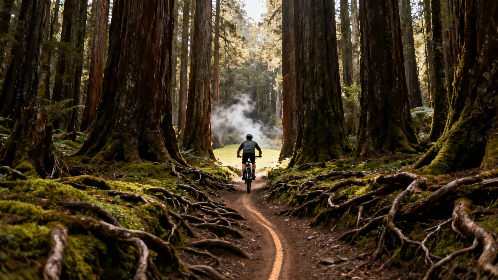 A person on a mountain bike rides through a sunlit forest with tall trees and exposed roots.