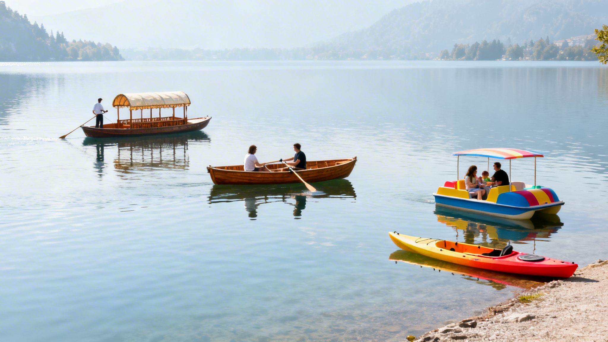 Various boats on a clear lake: a traditional Pletna, a rowboat, a pedal boat with a family, and a kayak.