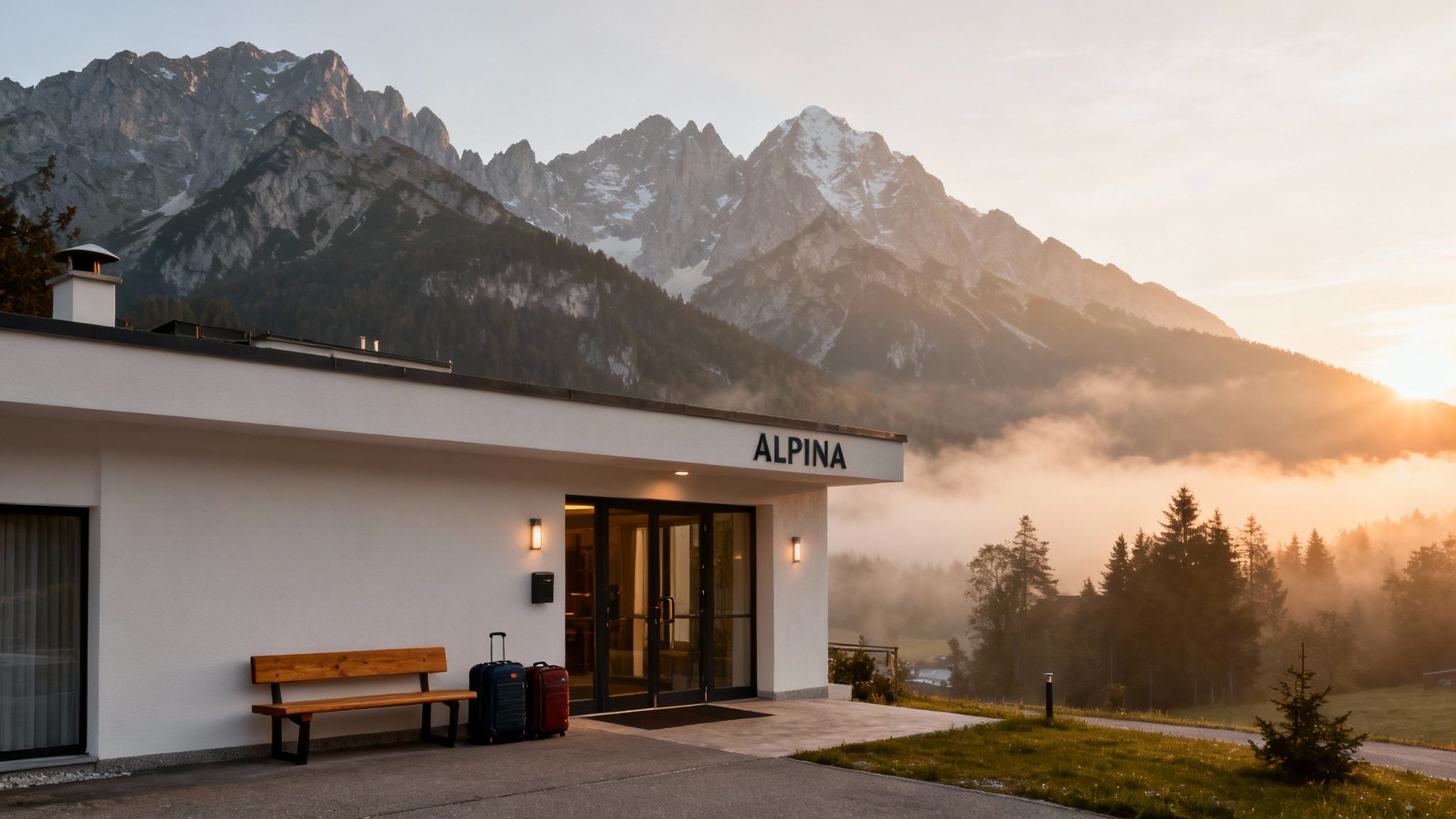 The Alpina hotel entrance with a bench and luggage, framed by misty mountains at sunrise.