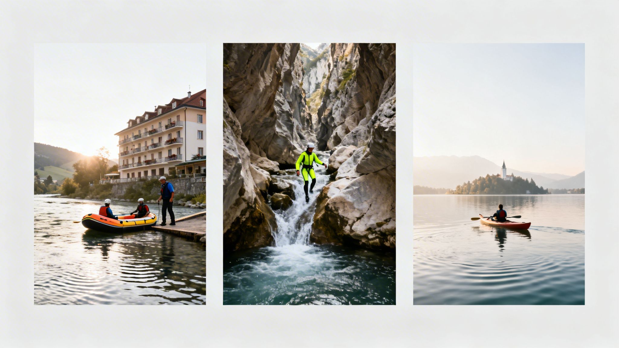 A triptych featuring river rafting by a hotel, canyoning in a gorge, and kayaking towards Bled Island.