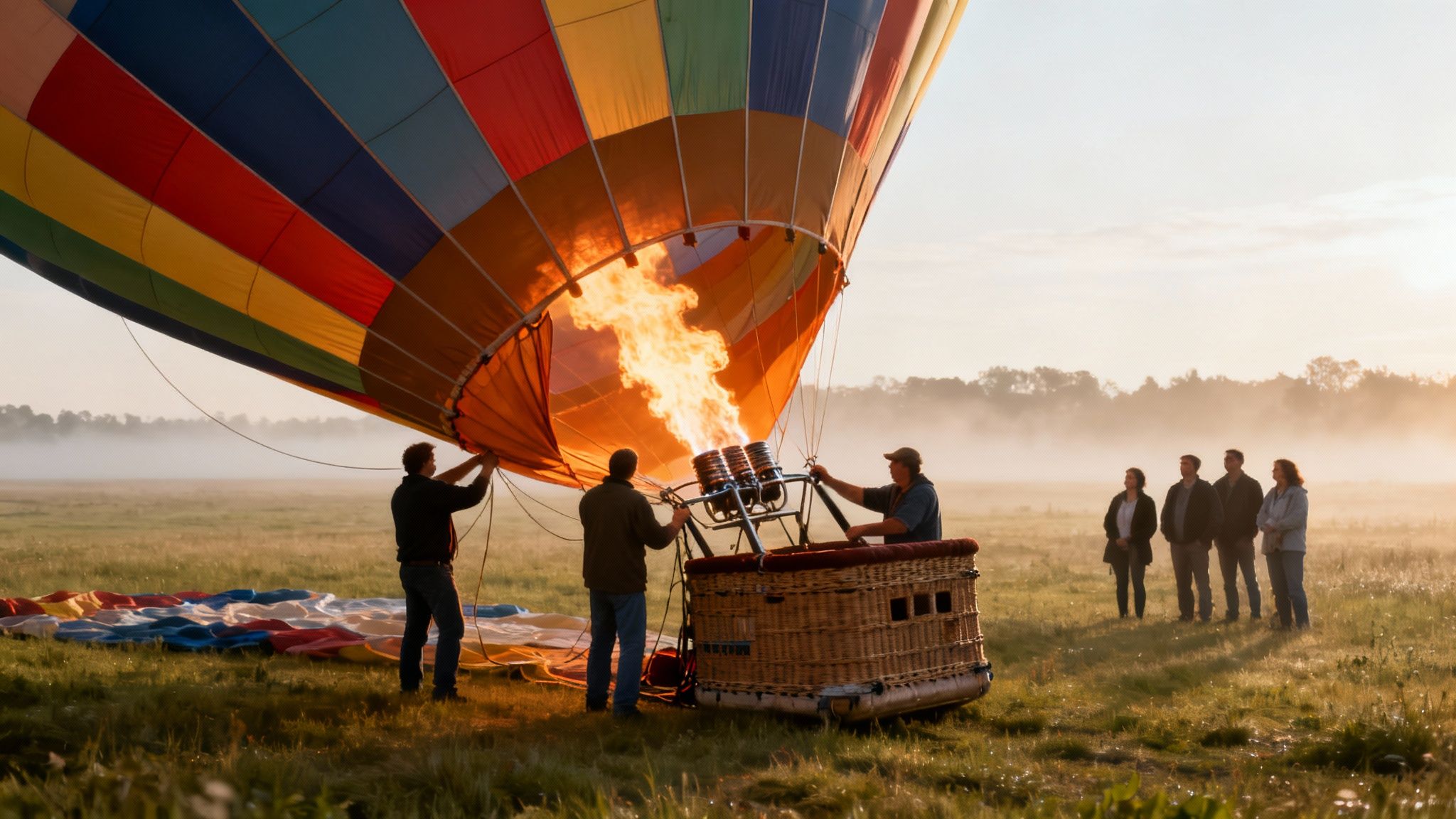A colorful hot air balloon is being inflated with a large flame at sunrise in a misty field.