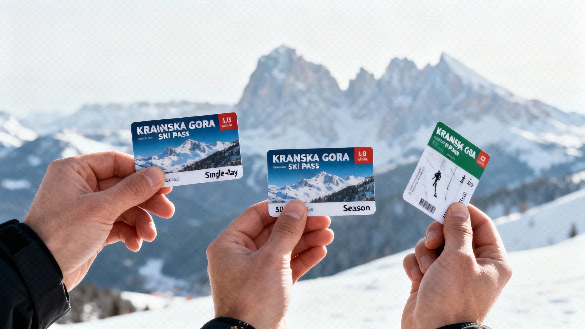 Hands holding three Kranska Gora ski passes, including single-day and season, against snowy mountains.