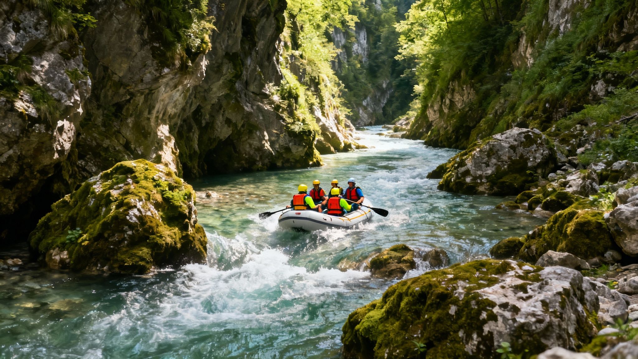 A group of people white-water rafting down a clear blue-green river through a rocky canyon.