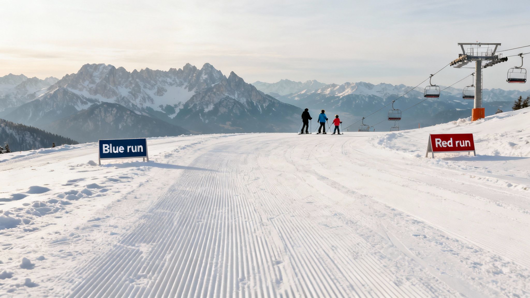 Skiers on a groomed slope, with mountain peaks, a ski lift, and signs for blue and red runs.