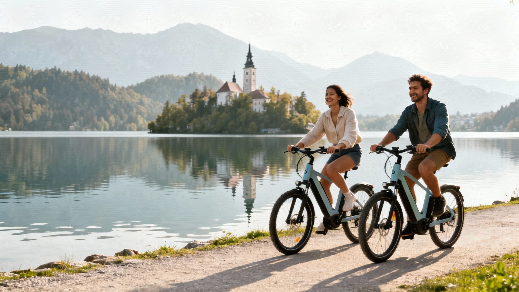 A happy couple rides electric bikes on a scenic lakeside path with a historic church island and mountains.