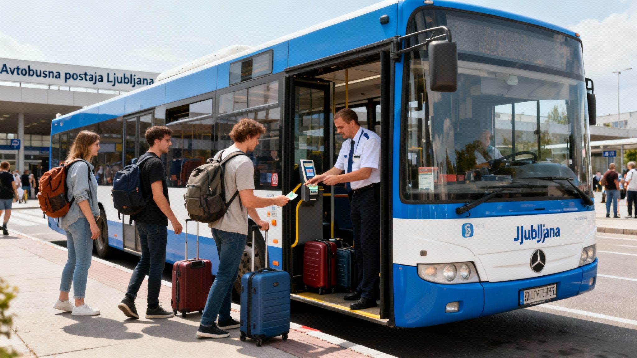 Young travelers with backpacks and suitcases boarding a blue bus at Ljubljana bus station.