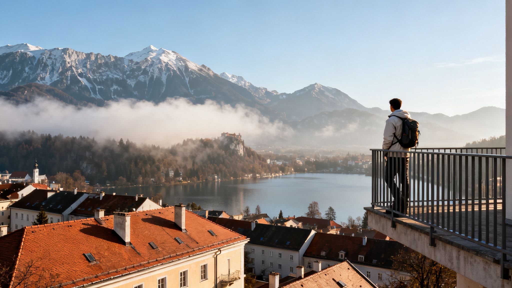 A person with a backpack overlooks a foggy Lake Bled, a castle, and snowy mountains.