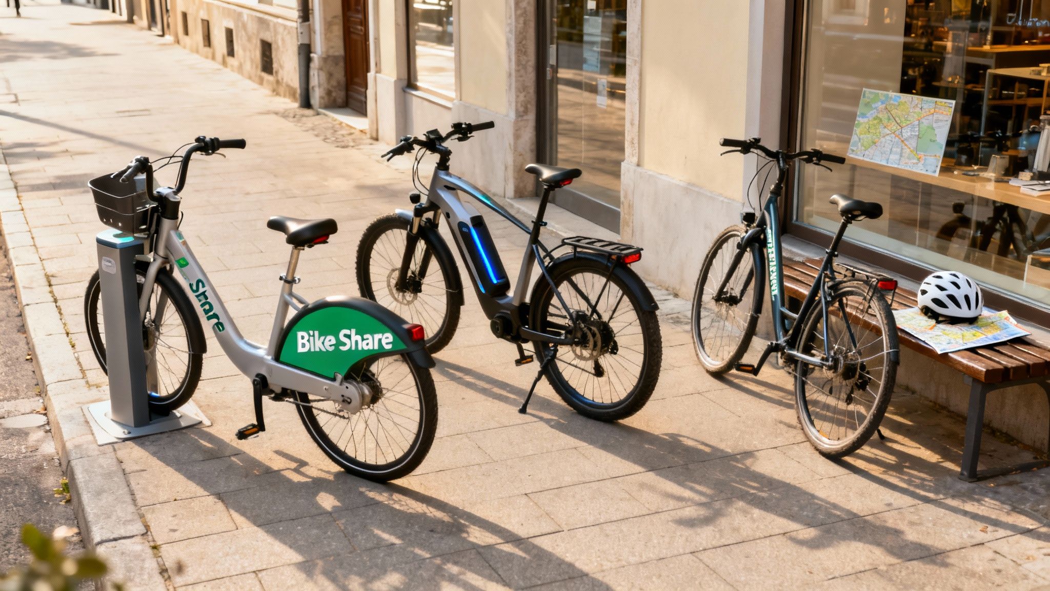 Three rental bicycles, including a bike share and an e-bike, parked on a sunny city street.