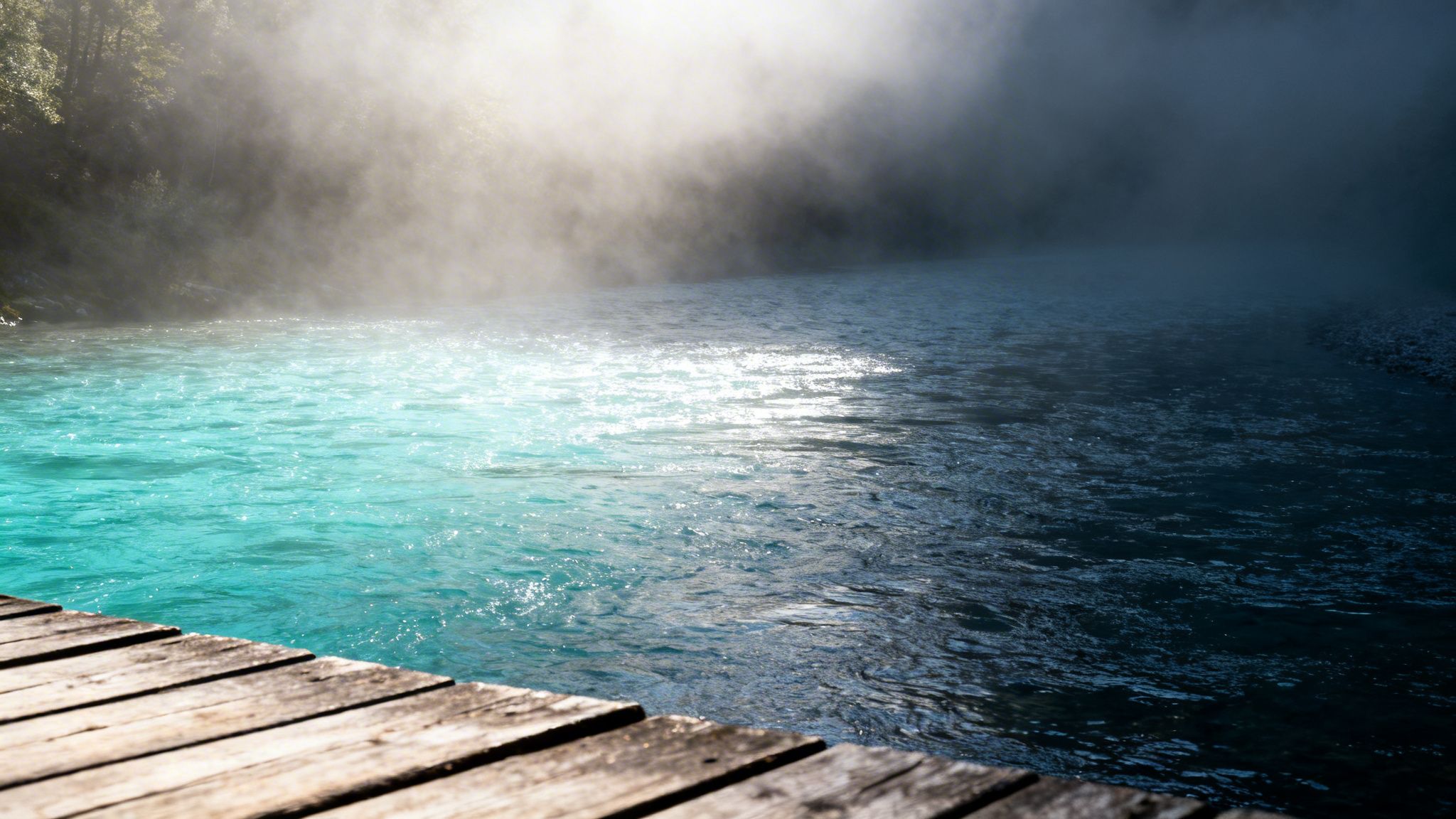 A misty turquoise river with sunlight illuminating the water and a wooden boardwalk.