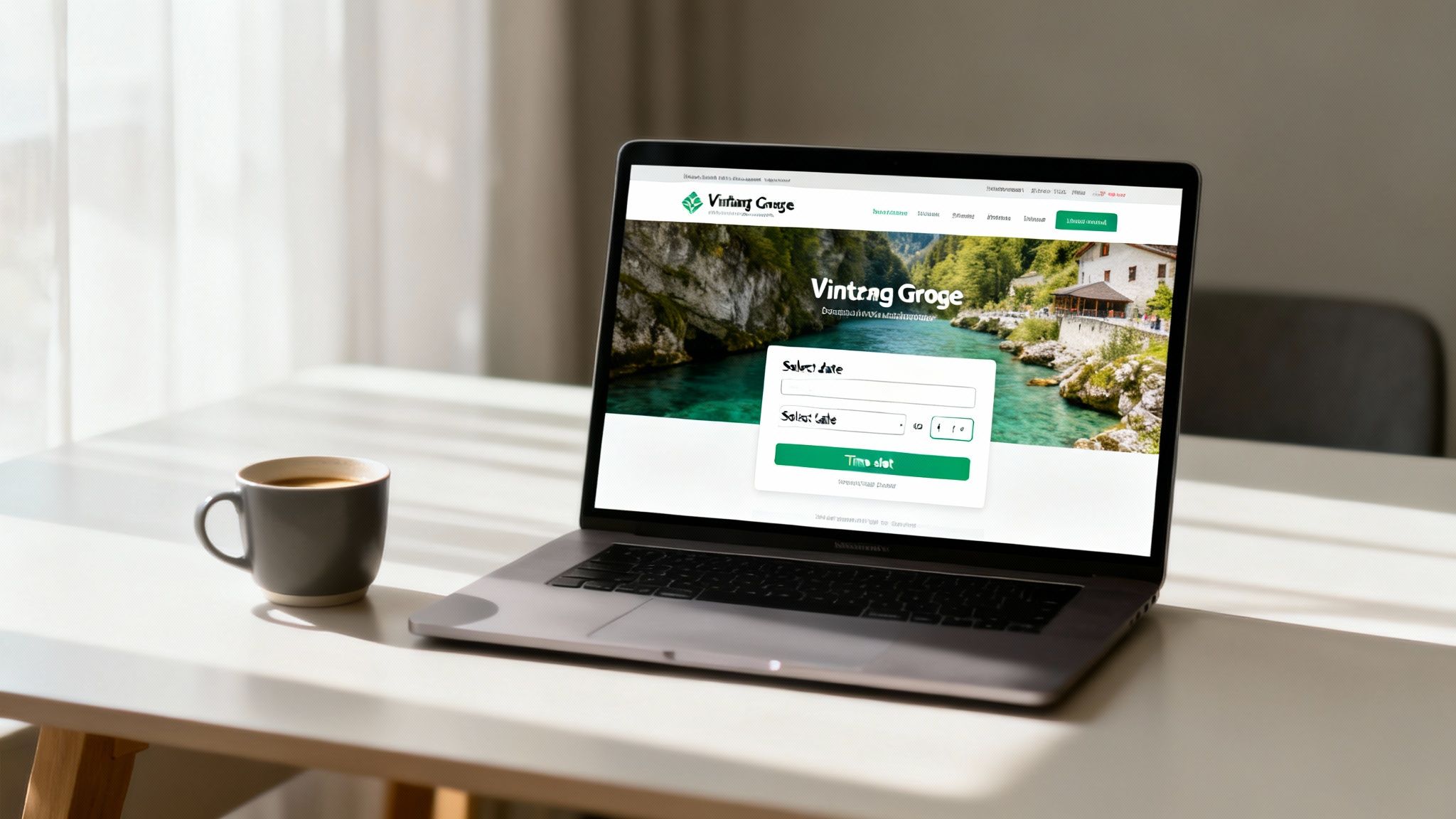 Laptop displaying Vintgar Gorge ticket booking website on a sunny desk with a coffee mug.