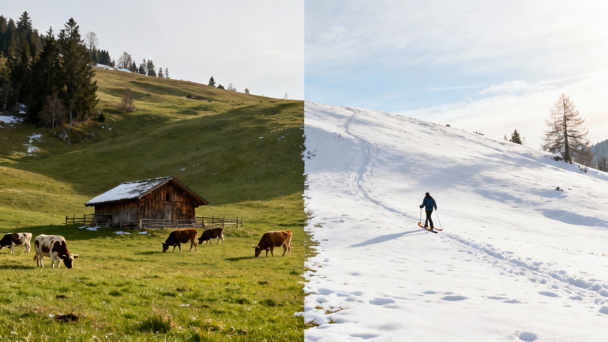 Split image shows a mountain pasture with a cabin and cows, and a snowy slope with a ski tourer.