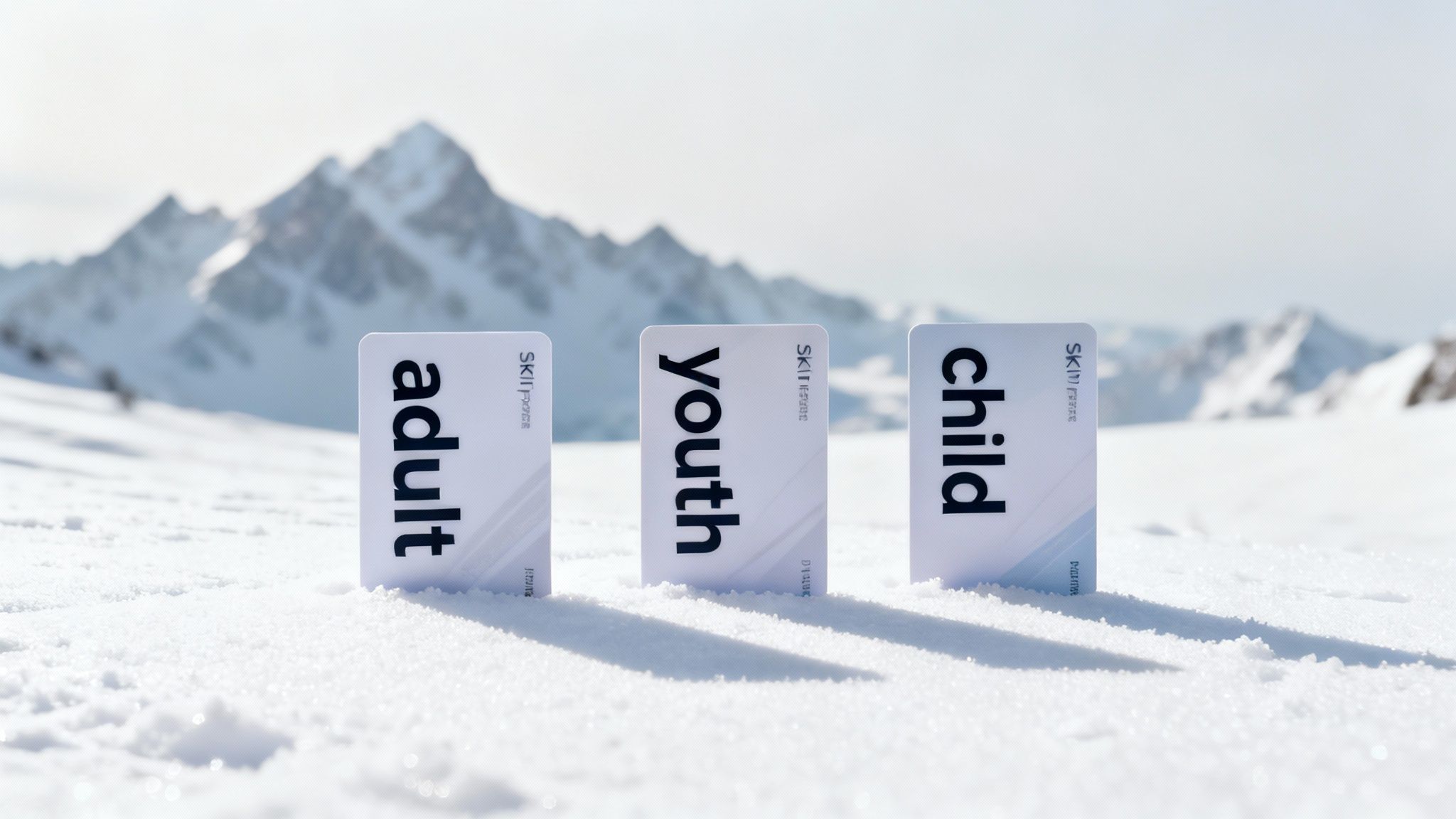 Three white ski pass cards for adult, youth, and child standing in fresh snow with mountains.