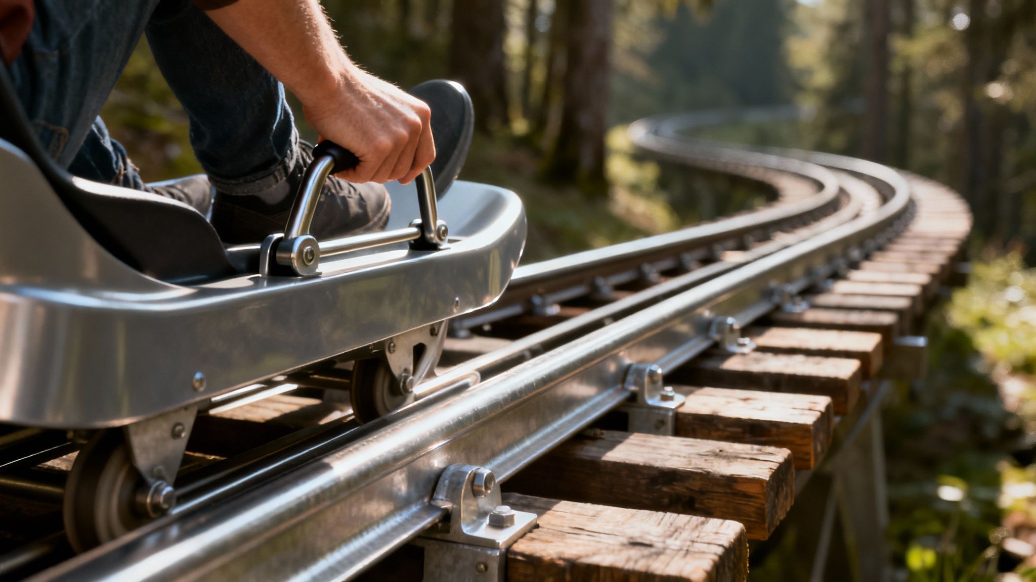 Close-up of a person's hands gripping the brakes of an alpine coaster on a track winding through a forest.