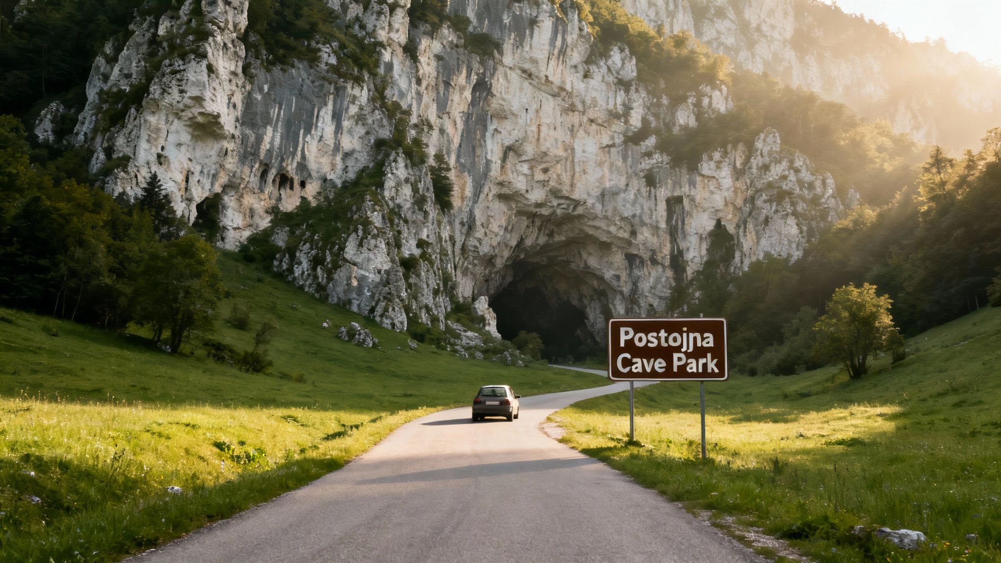 A car drives towards the majestic entrance of Postojna Cave Park, marked by a sign, amidst green mountains.