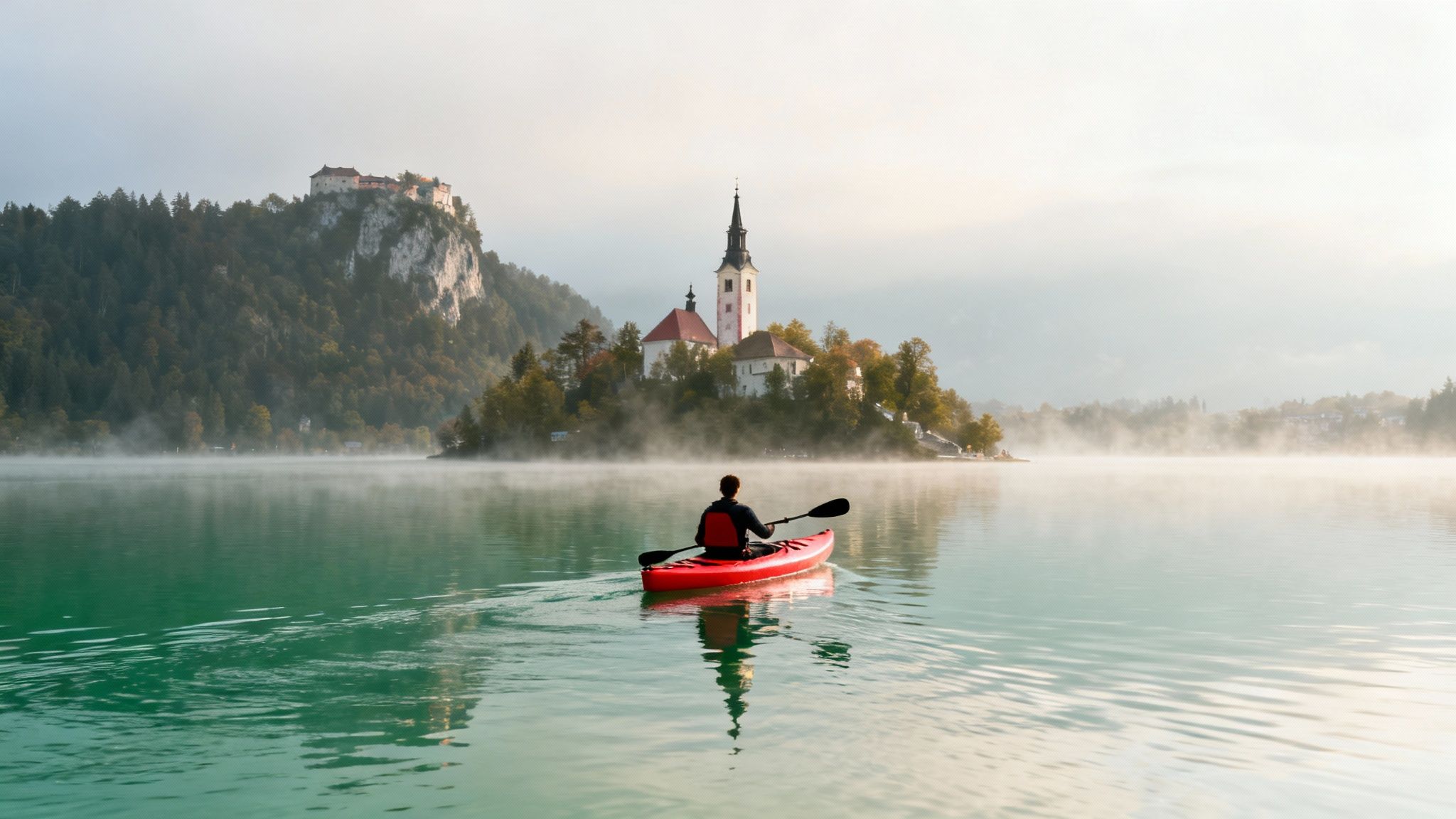 A person in a red kayak paddles towards an island church and a castle on a misty lake.