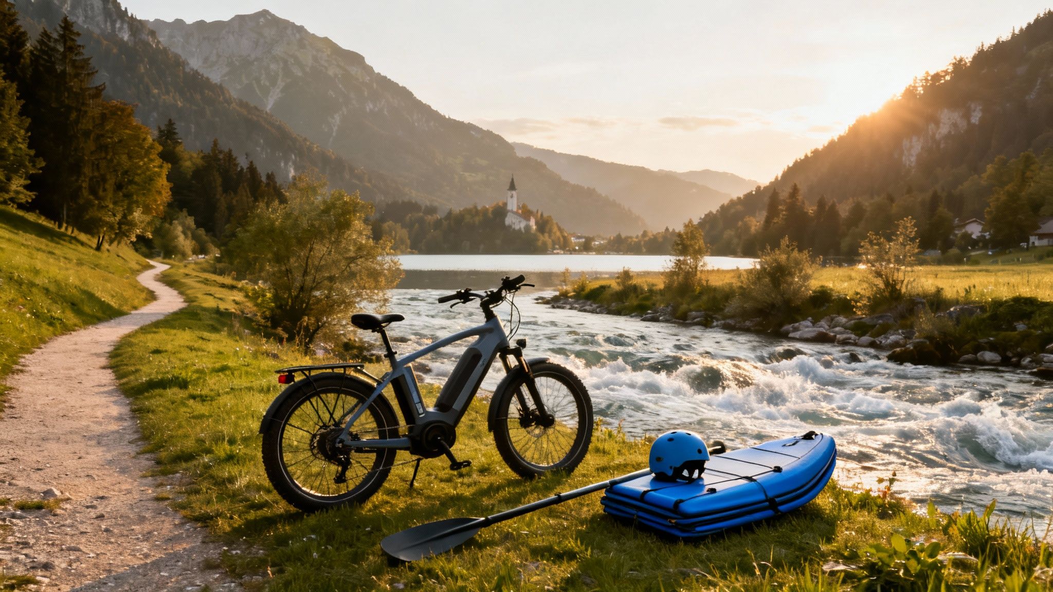 An e-bike and inflatable kayak with paddle and helmet by a river, mountains, and lake at sunset.