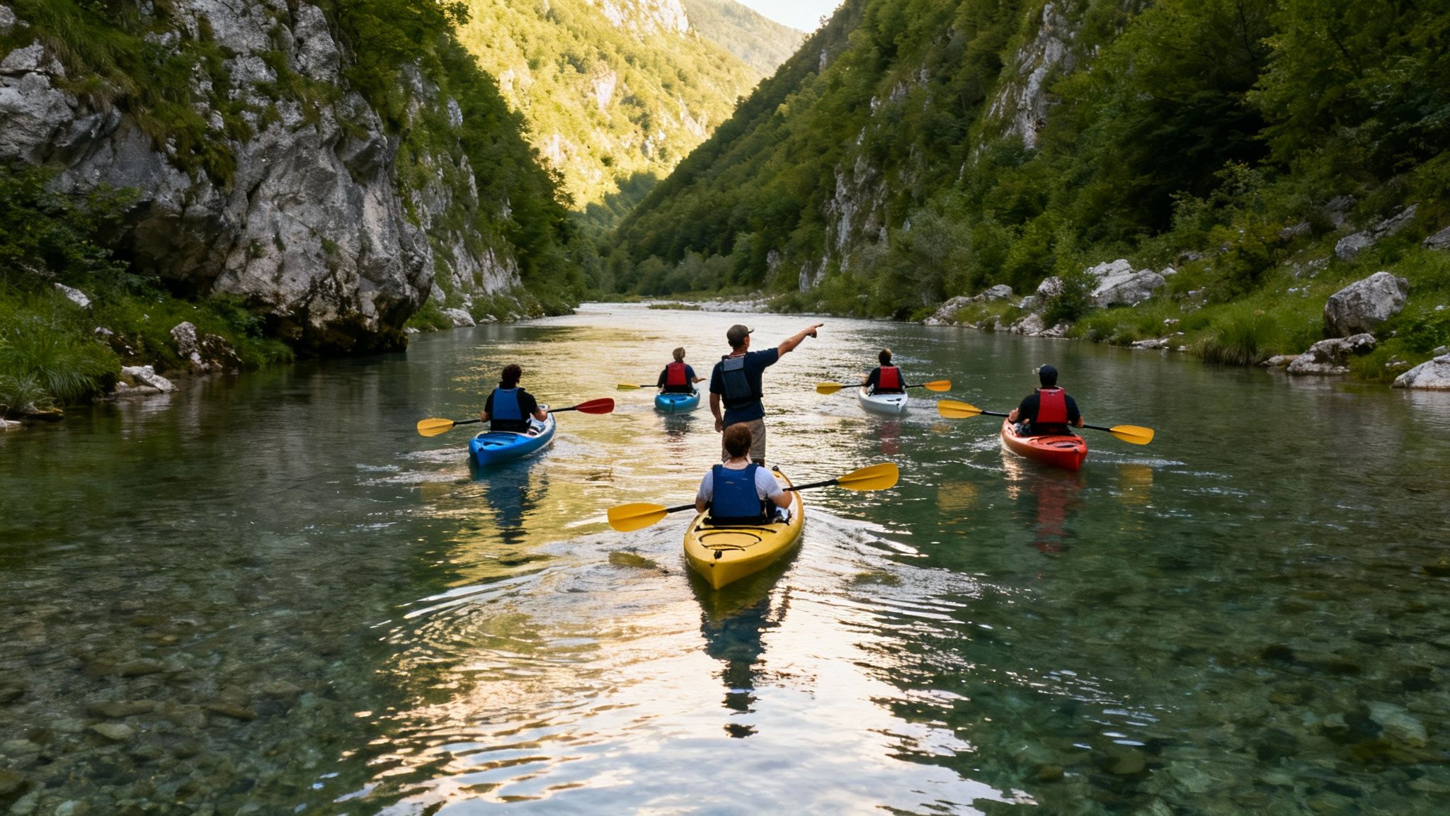 Kayakers explore a beautiful mountain river with a guide pointing the way forward.