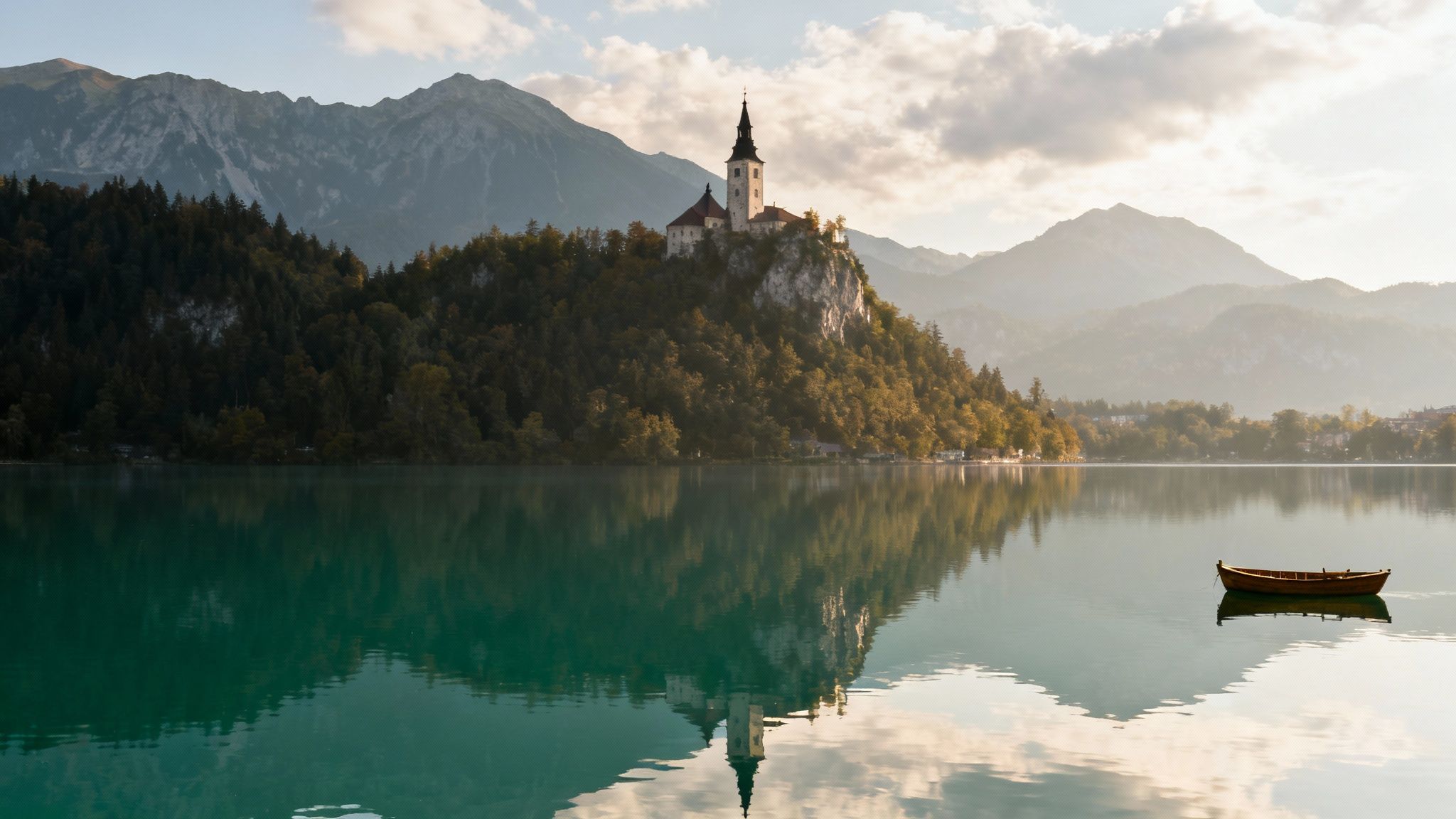 Scenic view of Bled Island church on Lake Bled, Slovenia, with reflections and a wooden boat.