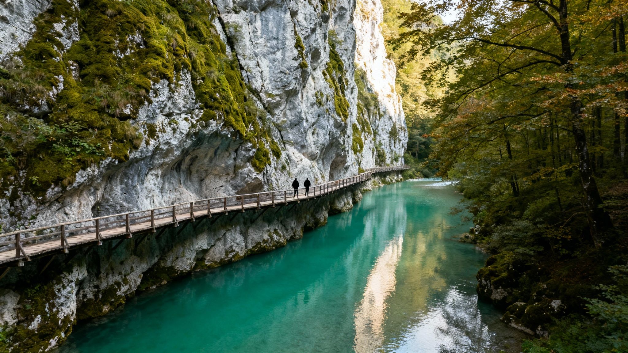 Two people hike on a wooden boardwalk alongside a turquoise river, nestled between a rocky cliff and an autumn forest.