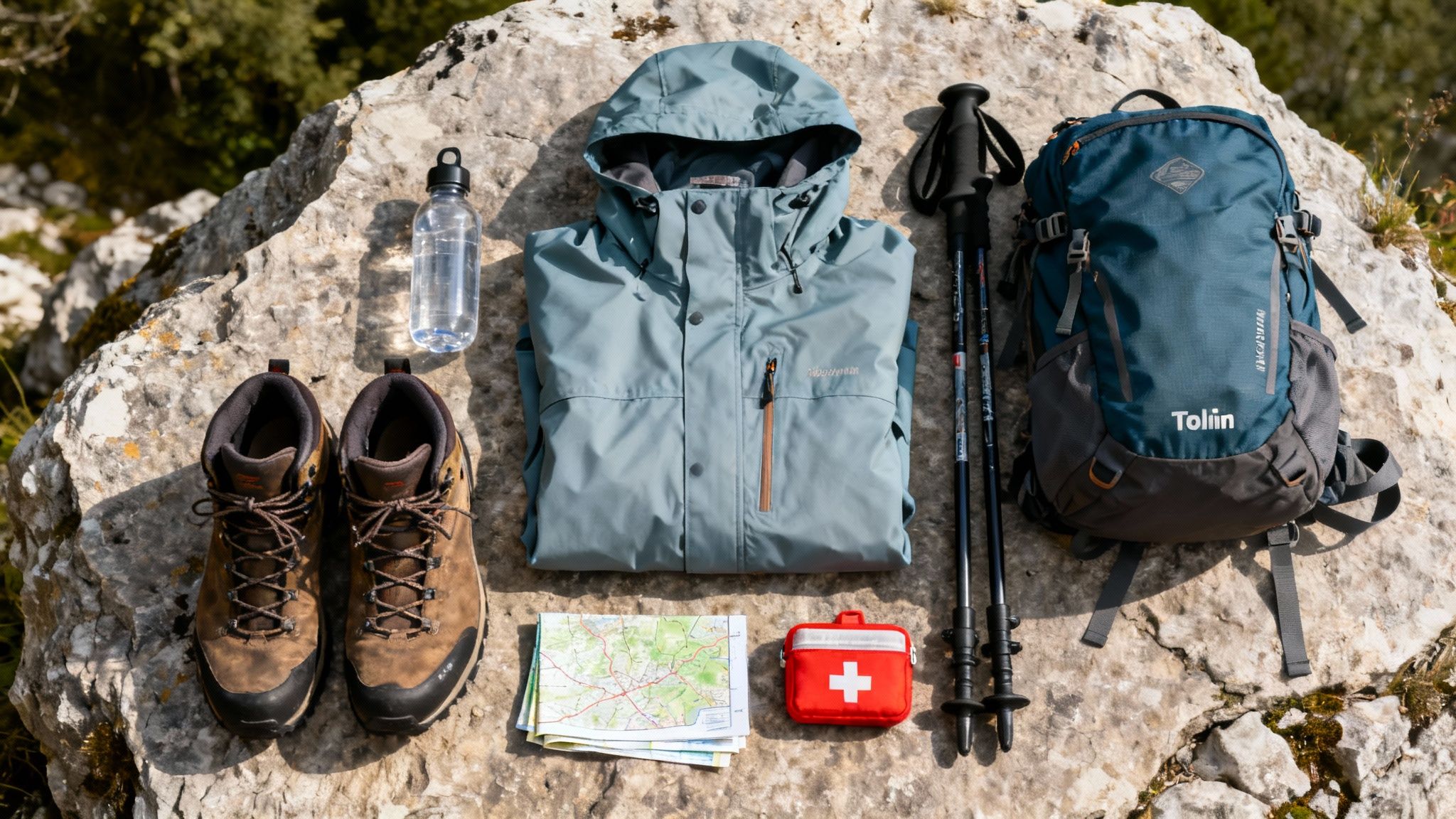 Hiking essentials for a day trip, including boots, jacket, backpack, and trekking poles, laid on a rock.